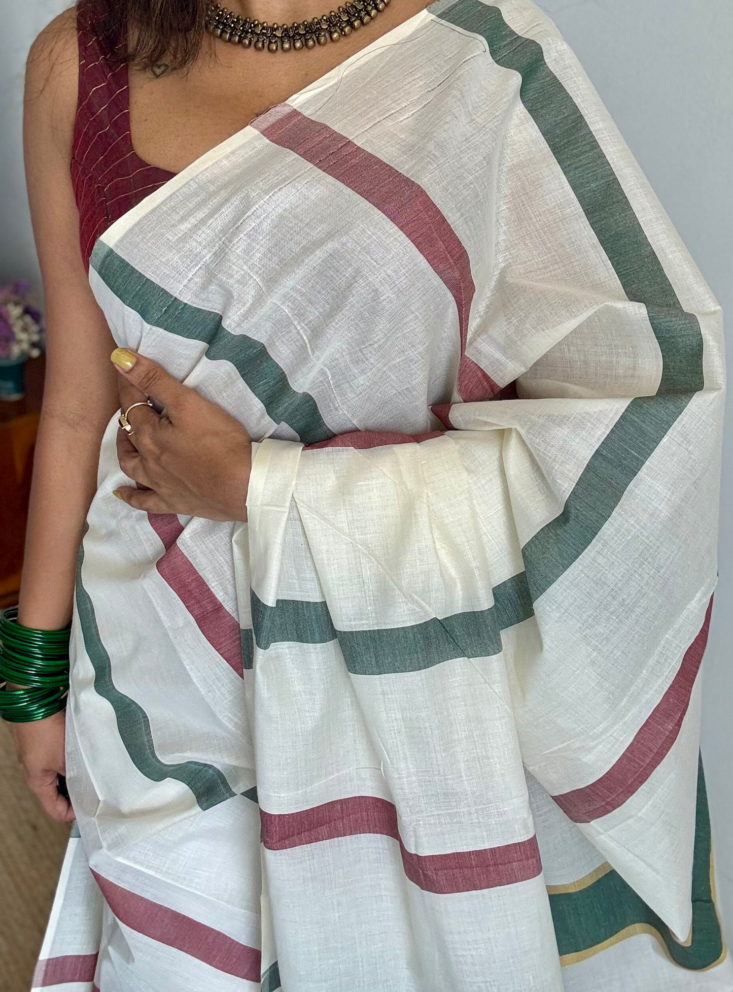 Ivory Kerala cotton saree with maroon and green stripes - YCIEKCFE307
