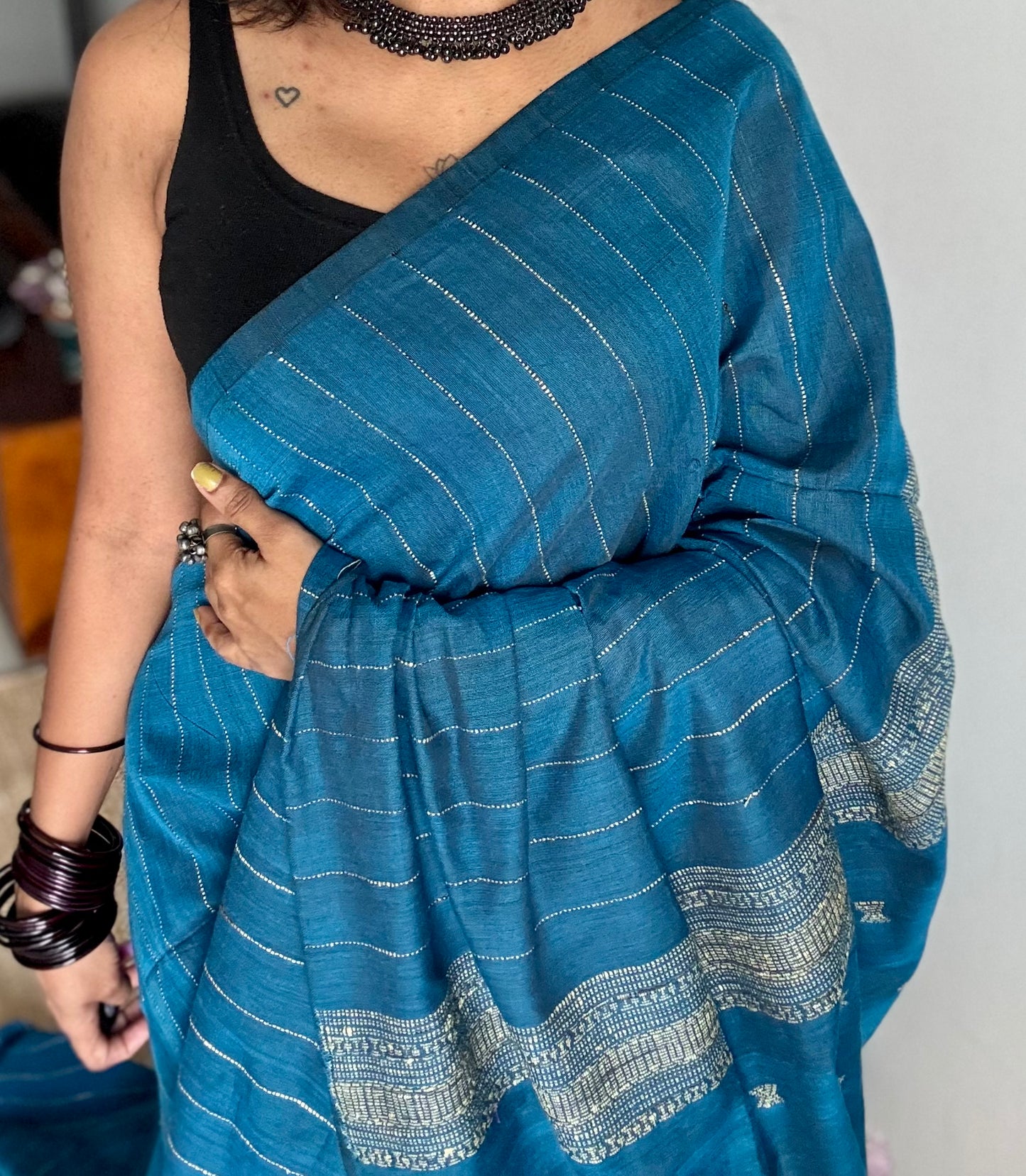 Peacock blue, bhujodi patterned soft khadi cotton saree - YCBCKCDE21