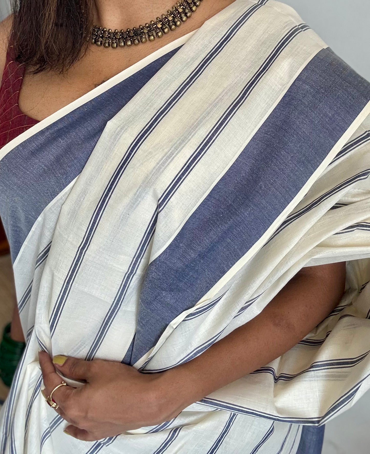 Ivory Kerala cotton saree with blue stripes and border - YCIEKCFE320