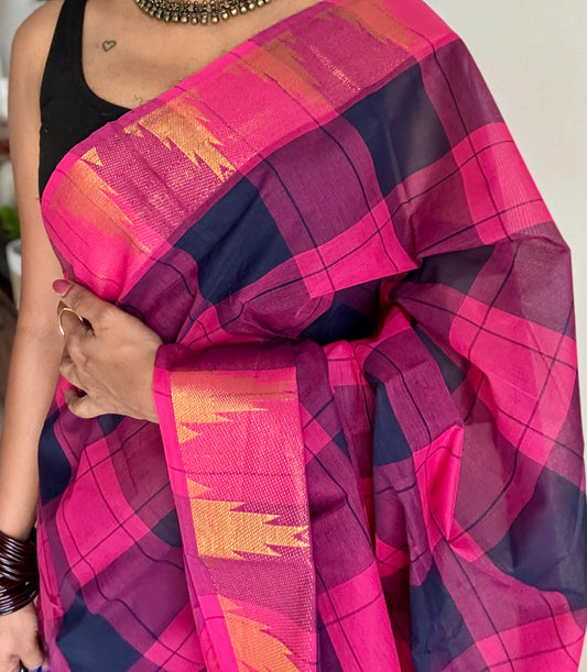 Chettinad cotton saree with pink and navy checks, temple motif border - YCCOTNAP58