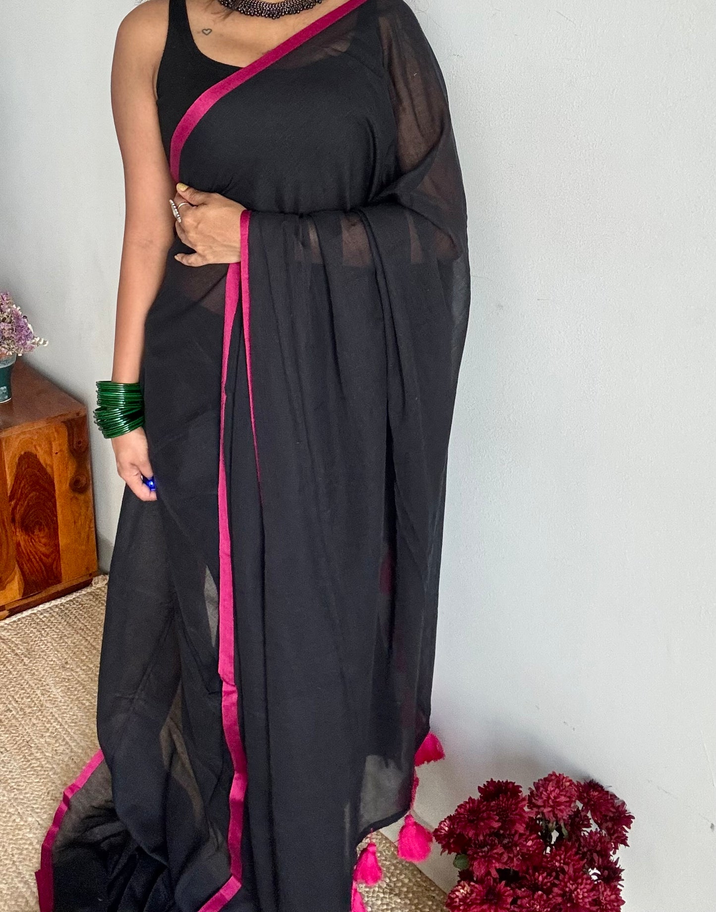 Black with hot pink border mul cotton saree - YCBCMCFE232
