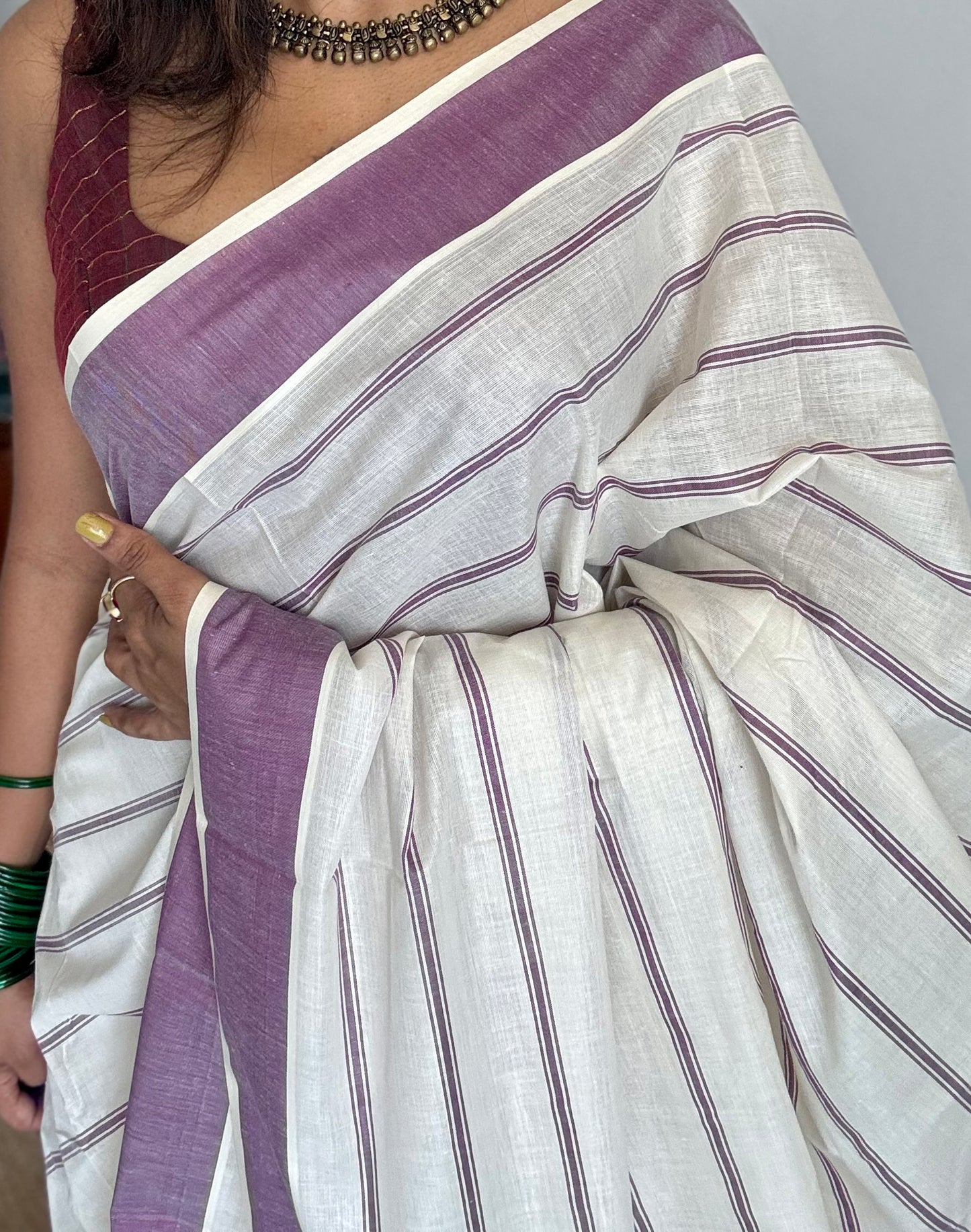Ivory Kerala cotton saree with purple pink (vadamalli) stripes and border - YCIEKCFE322
