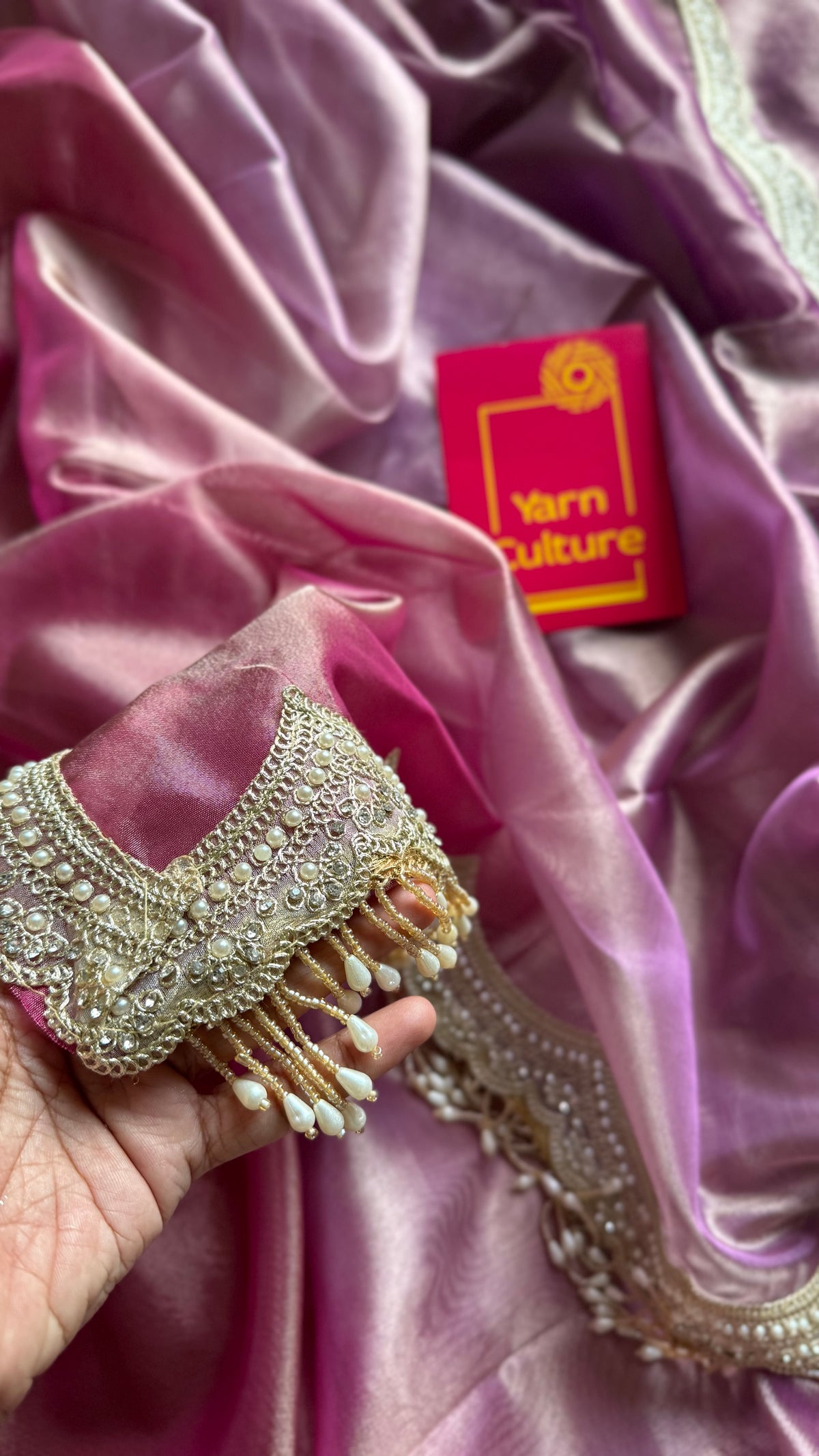 Pink and purple tissue Banarasi saree with embellished pearl lace border - YCBLTOC74