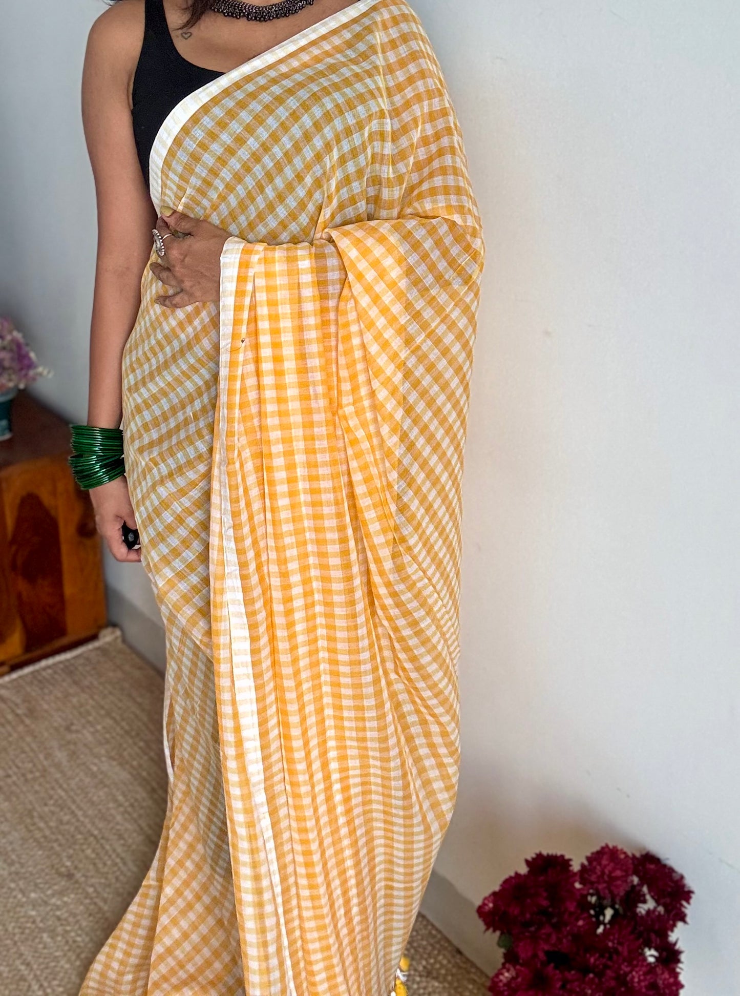 Orange and white checkered mul cotton saree - YCBCMCFE221