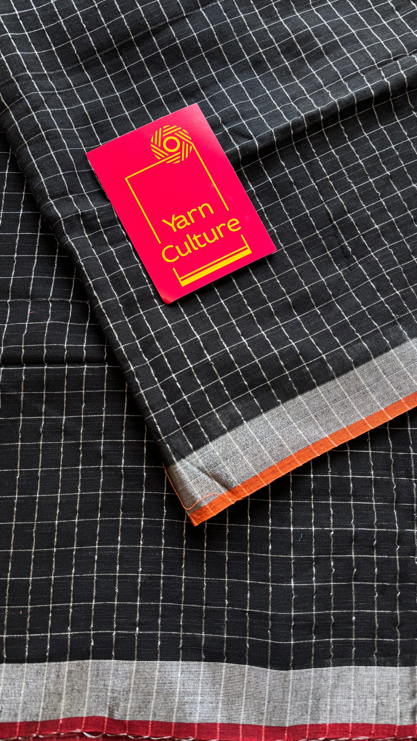 Black linen by cotton saree, silver checks & zari pallu - YCBCLCAP55