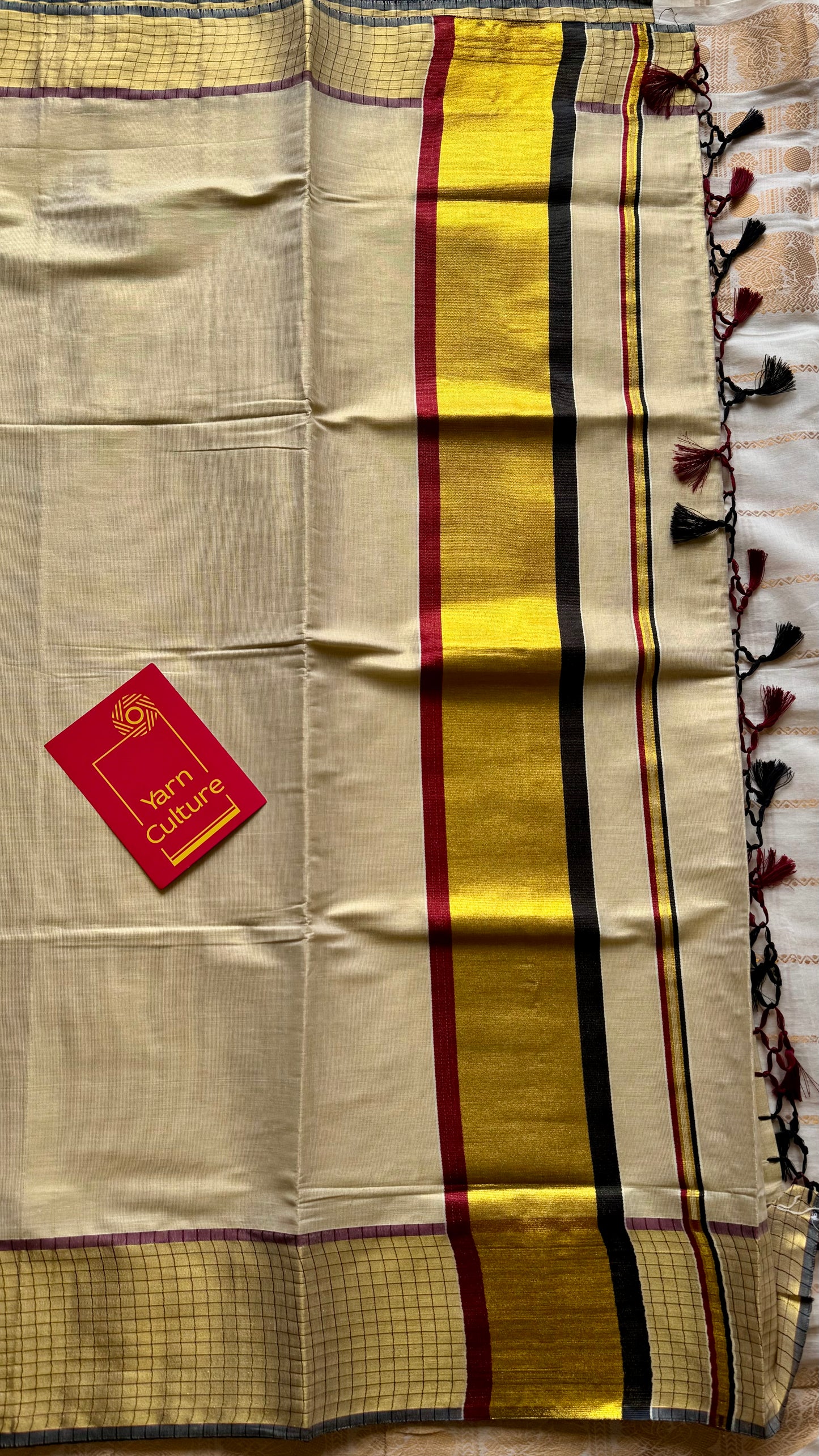 Ivory and gold soft tissue cotton saree, black and red, checkered border - YCIEON78