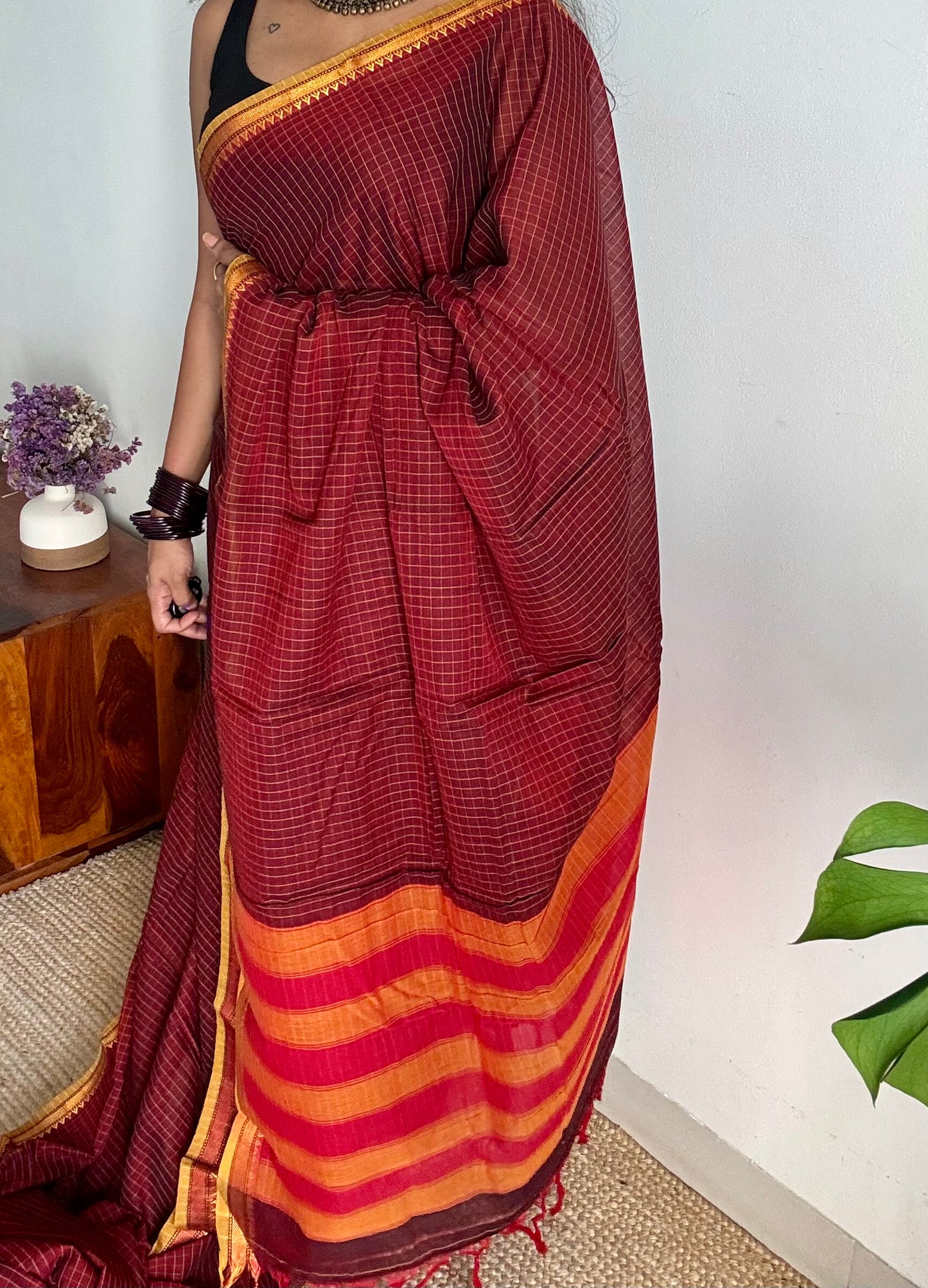 Deep maroon checks, cotton silk blend, premium narayanpet saree - YCWOTDMA322