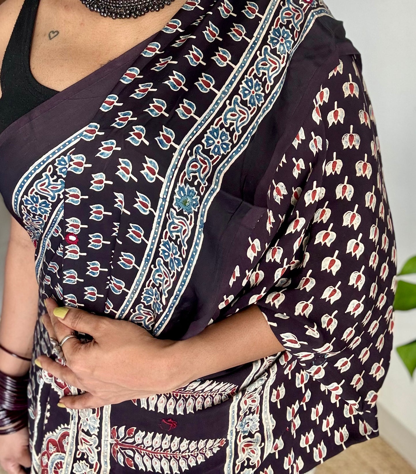 Black pure modal silk saree with ajrakh handblock print and mirror work - YCTOKAJM337