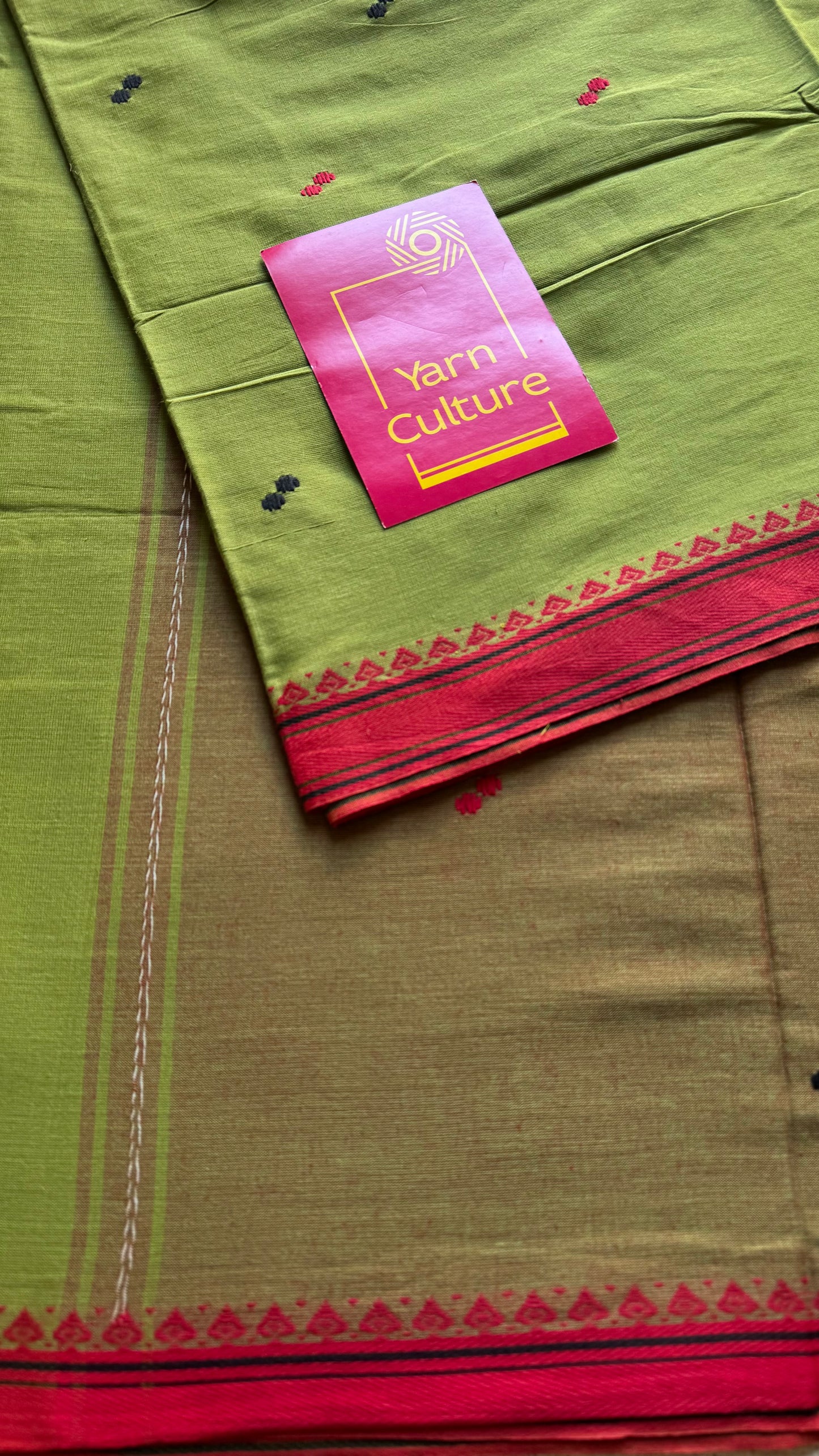 Dhonekhali handloom soft cotton saree,parrot green with red thread border, red and black woven buttas - YCBCDFE260