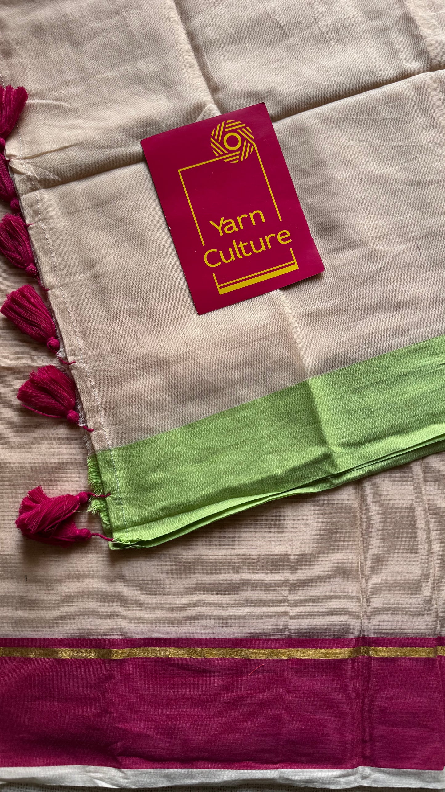 Sandal mul saree with pink and pista green borders - YCBCMCFE292