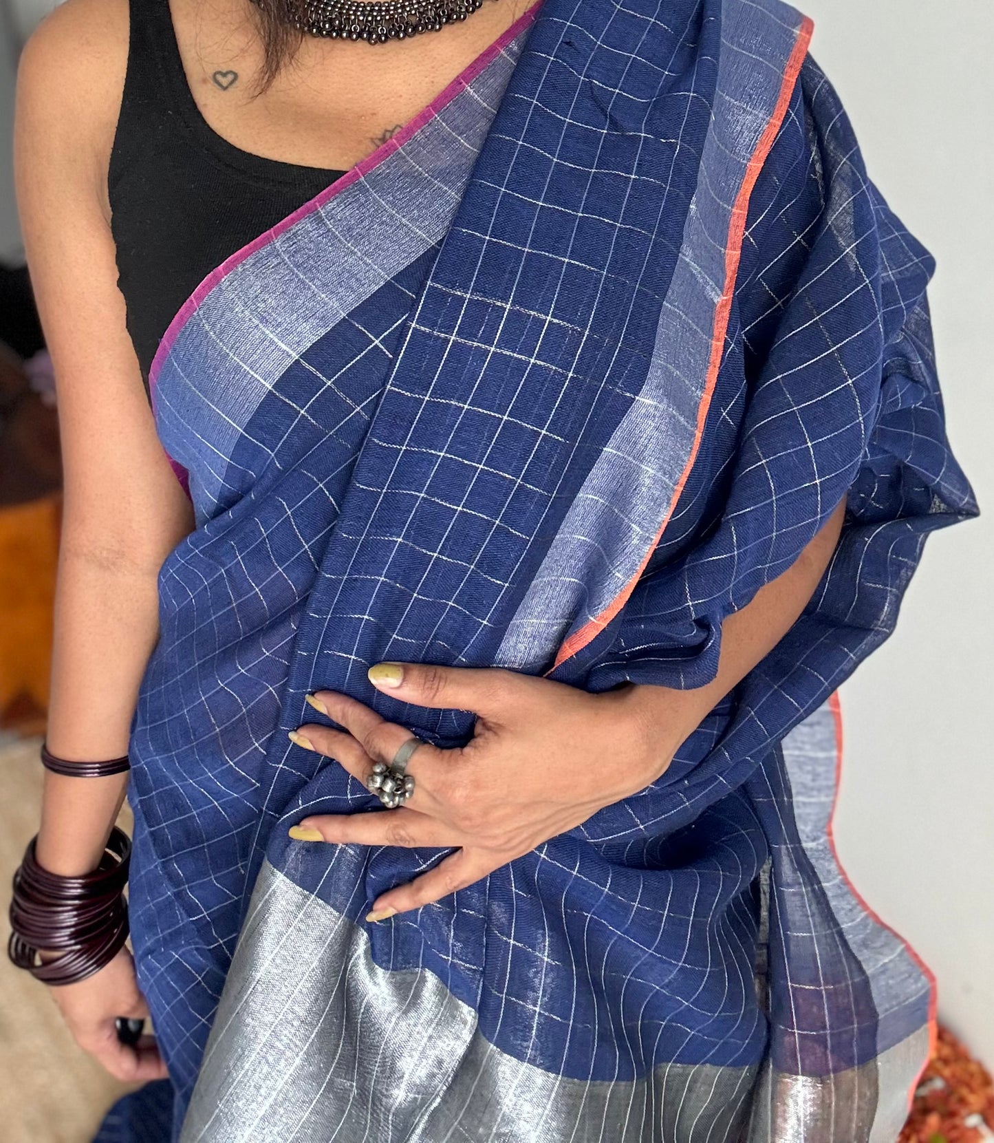 Navy blue linen by cotton saree, silver checks & zari pallu - YCBCLCFE392