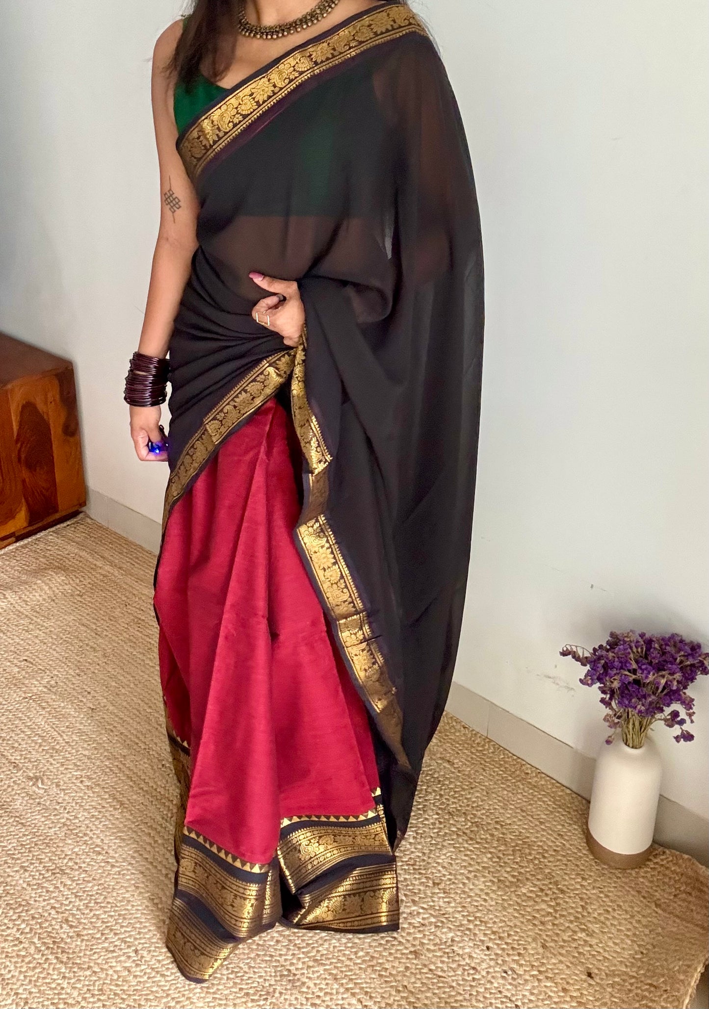 Maroon - Black unstitched half saree material (dhavani), kanchi cotton - YCIEHS210