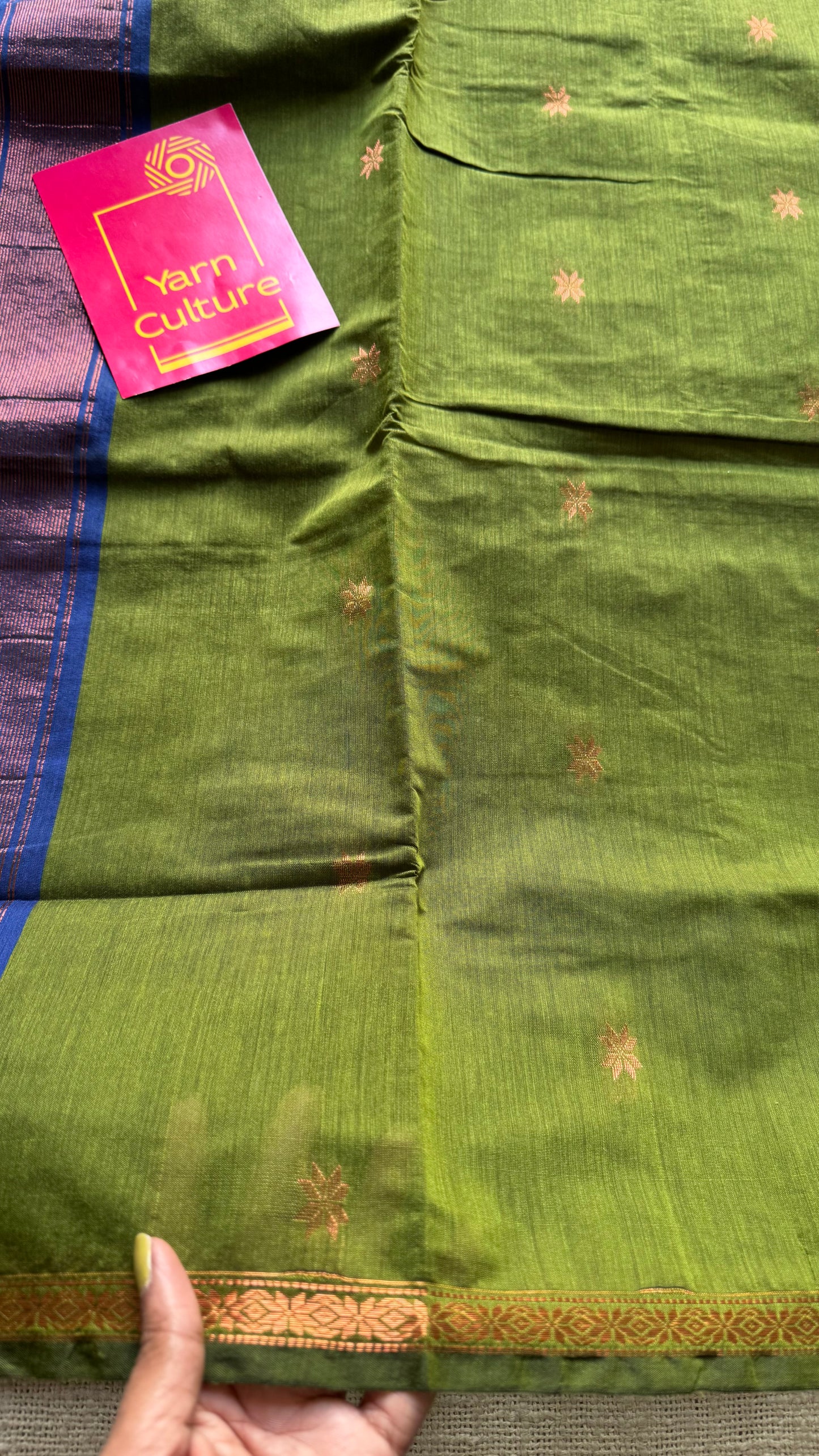 Parrot green with blue, copper zari buttas, semi maheshwari cotton silk - YCCOTNCSDE90