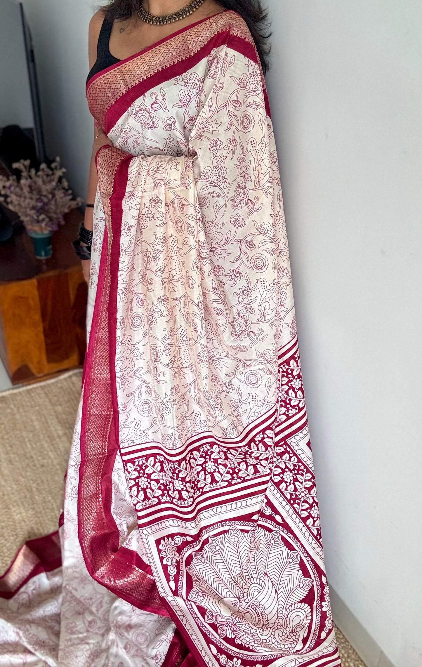 White and red contrast, printed kalamkari, semi-tussar - YCWOTDSTK01