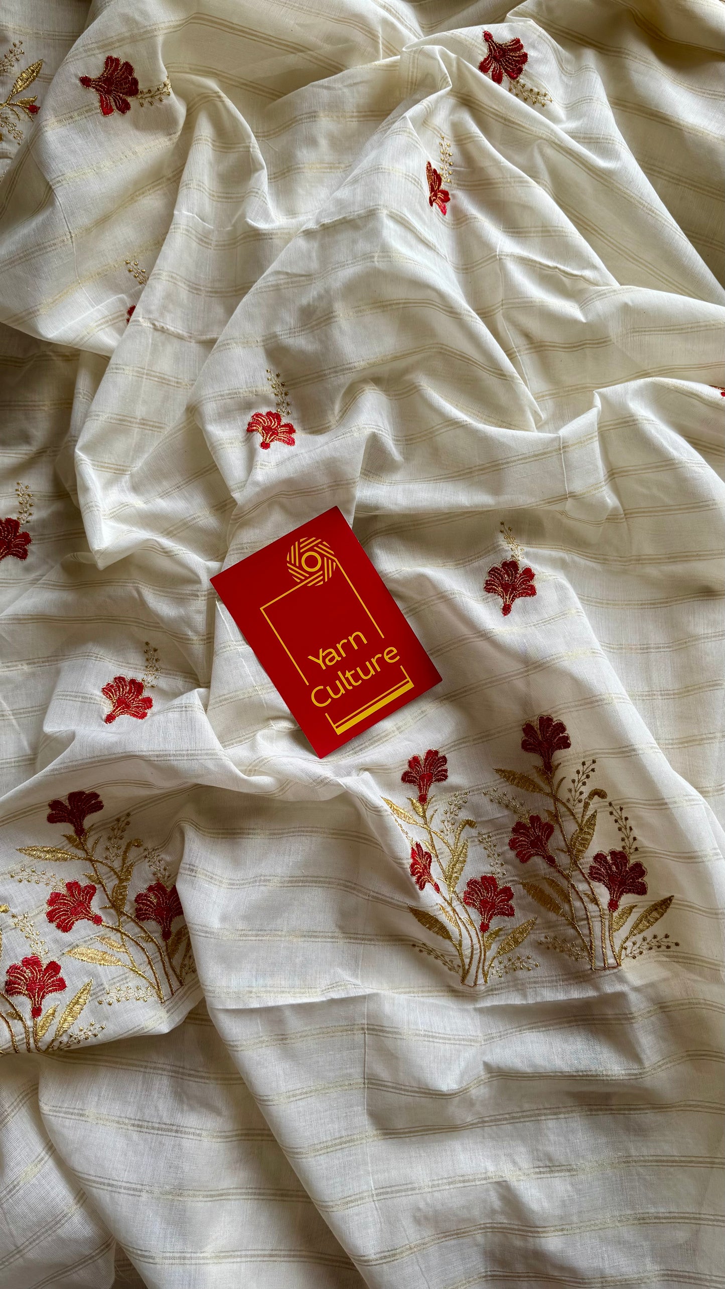 Ivory and gold soft cotton saree, red floral embroidery  - YCIEON52