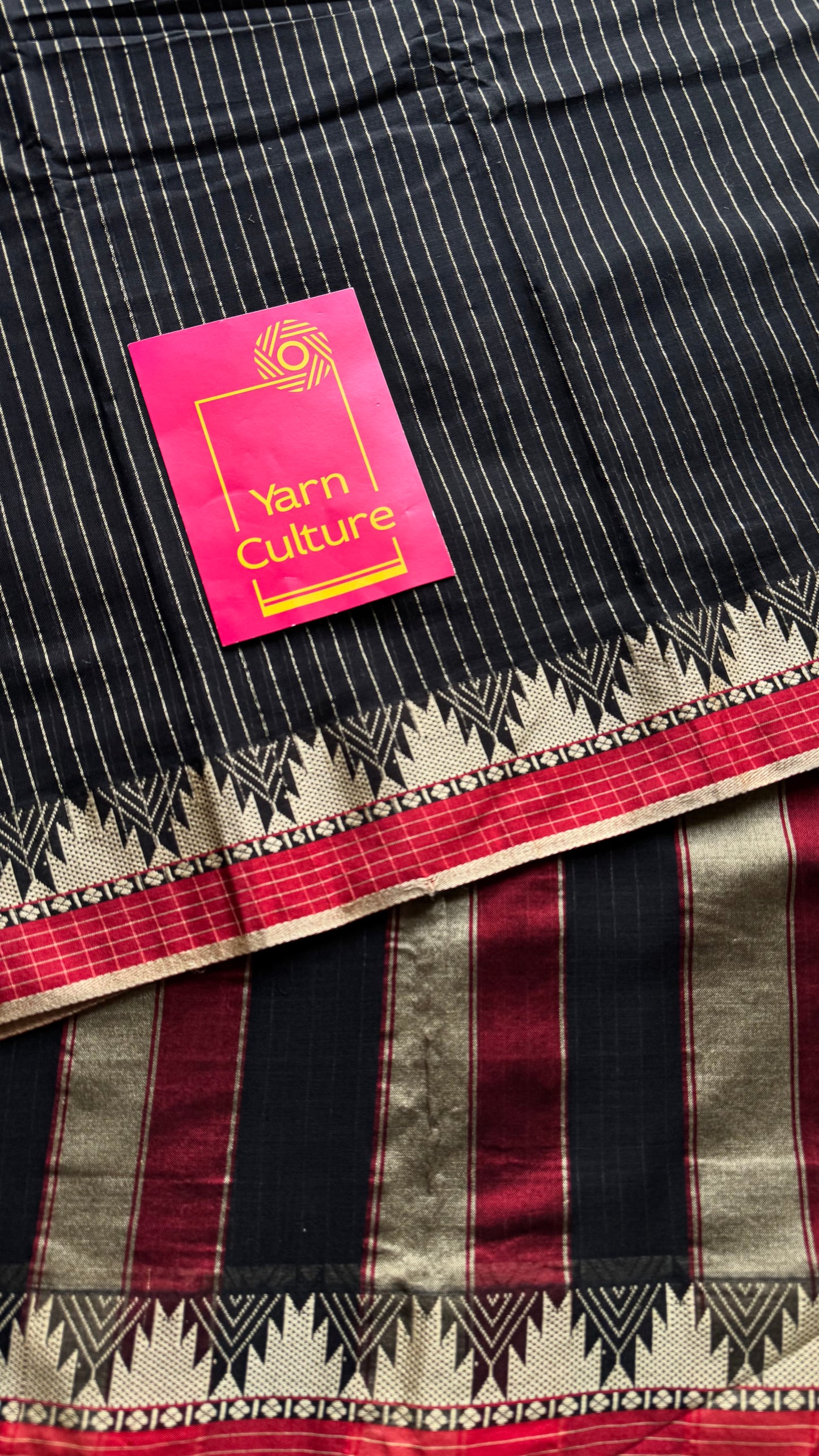 Black striped premium narayanpet soft cotton, with temple motif and checkered border - YCWOTDNPNO82