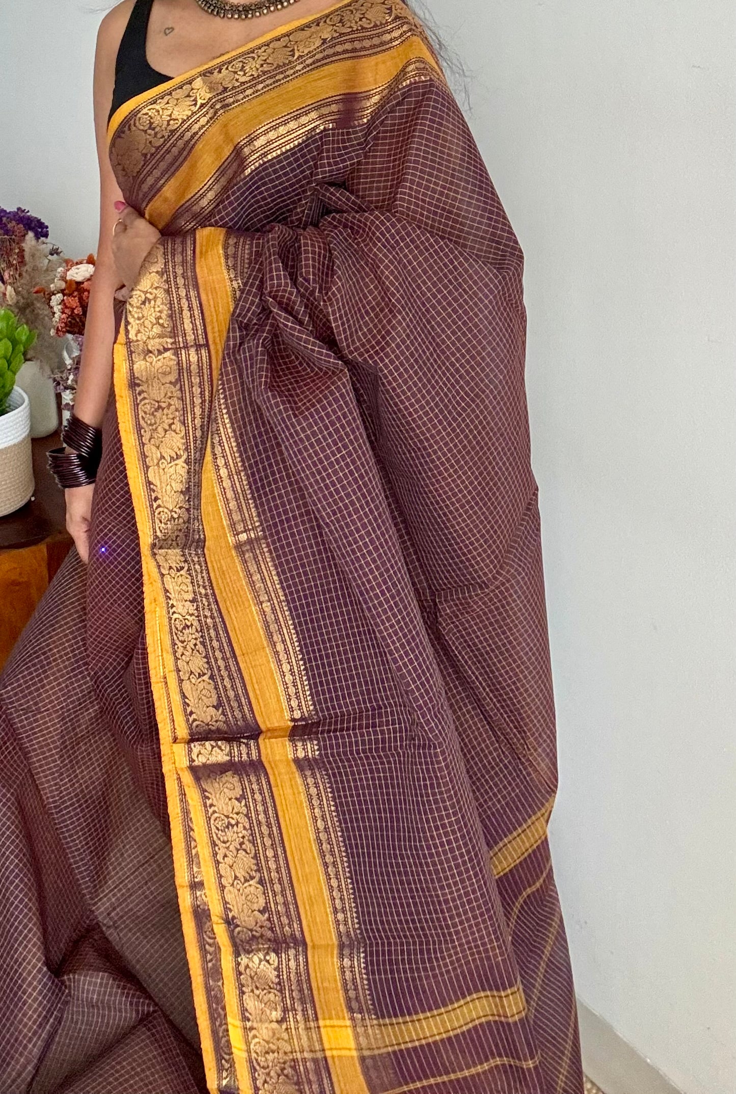 Kanchi cotton saree, dark brown checks with korvai border - YCCOTNAP73