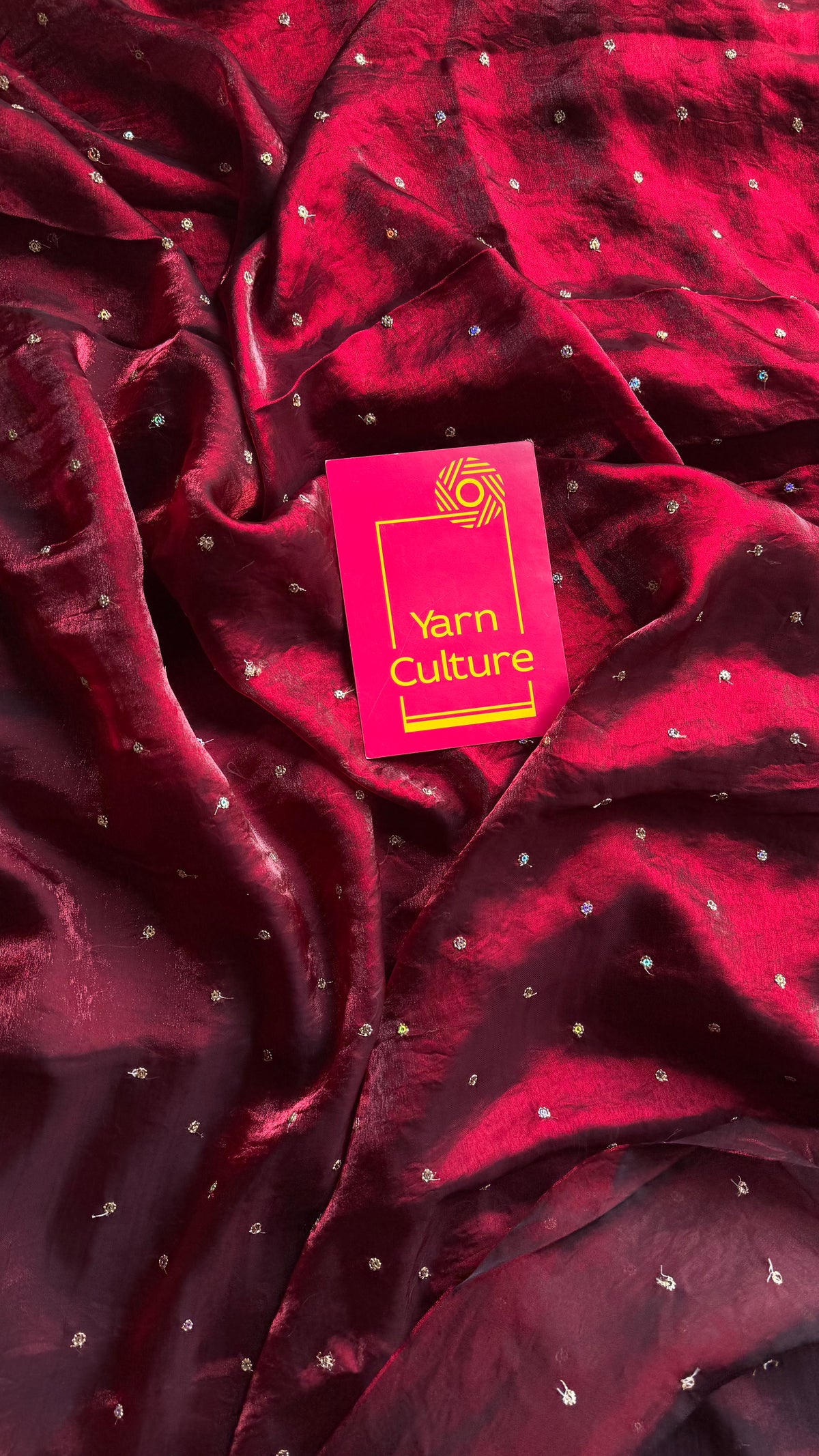 Metallic dual tone space silk saree, dark red with sequins - YCDOSOC48
