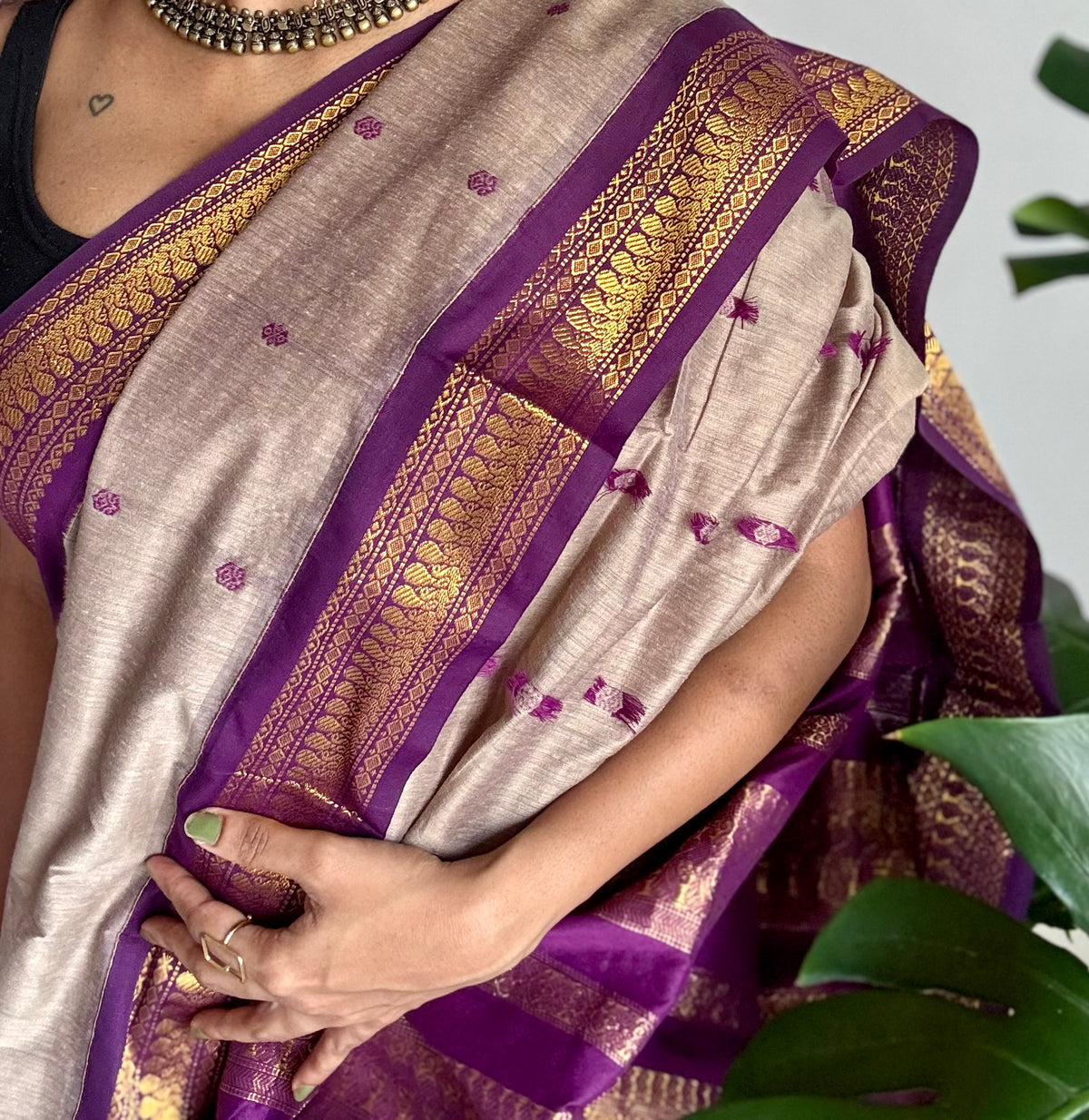 Warm grey with purple, cotton silk saree with zari border - YCCOTNKCOC107