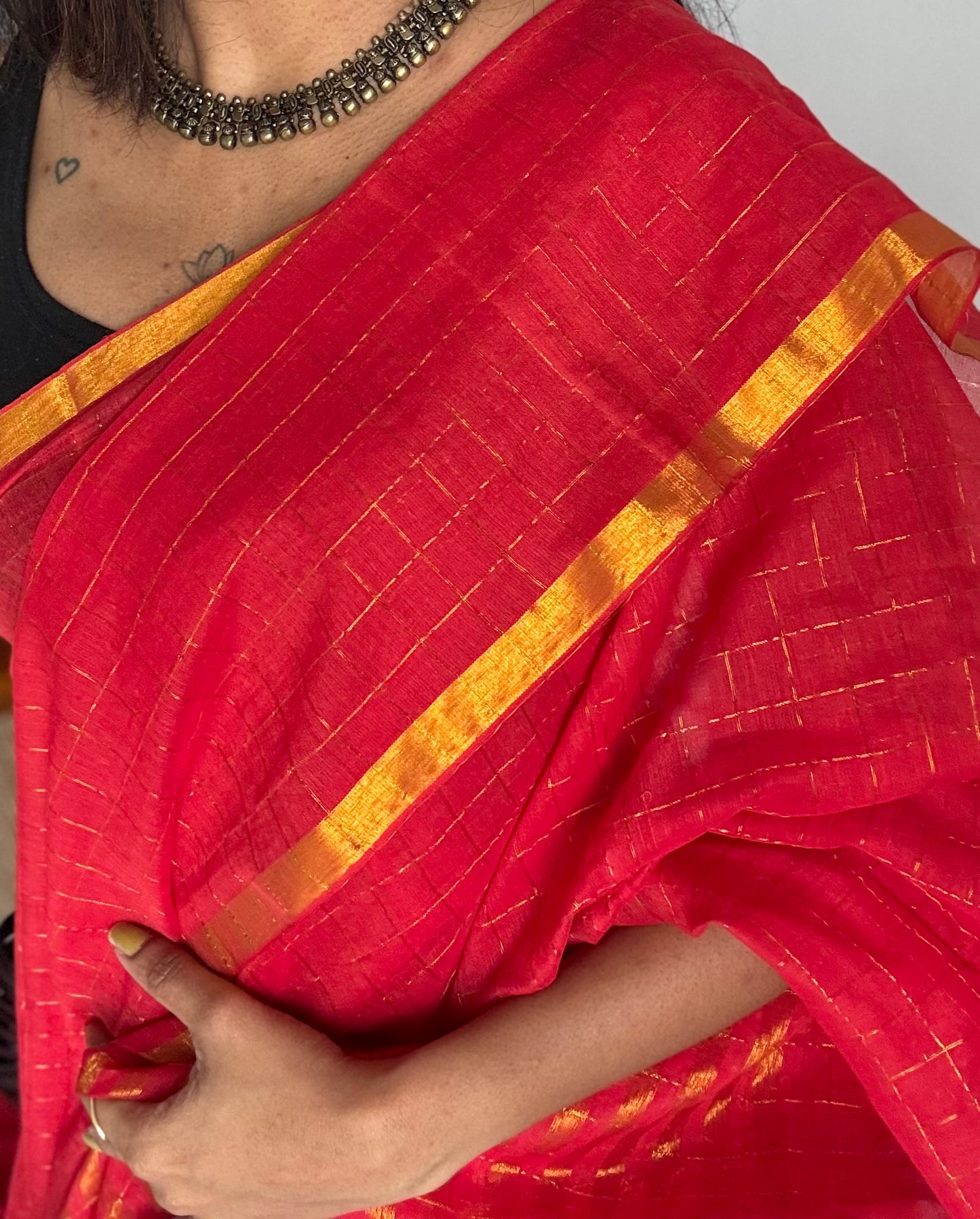 Red mul with gold checks and zari border - YCBCMCJA03