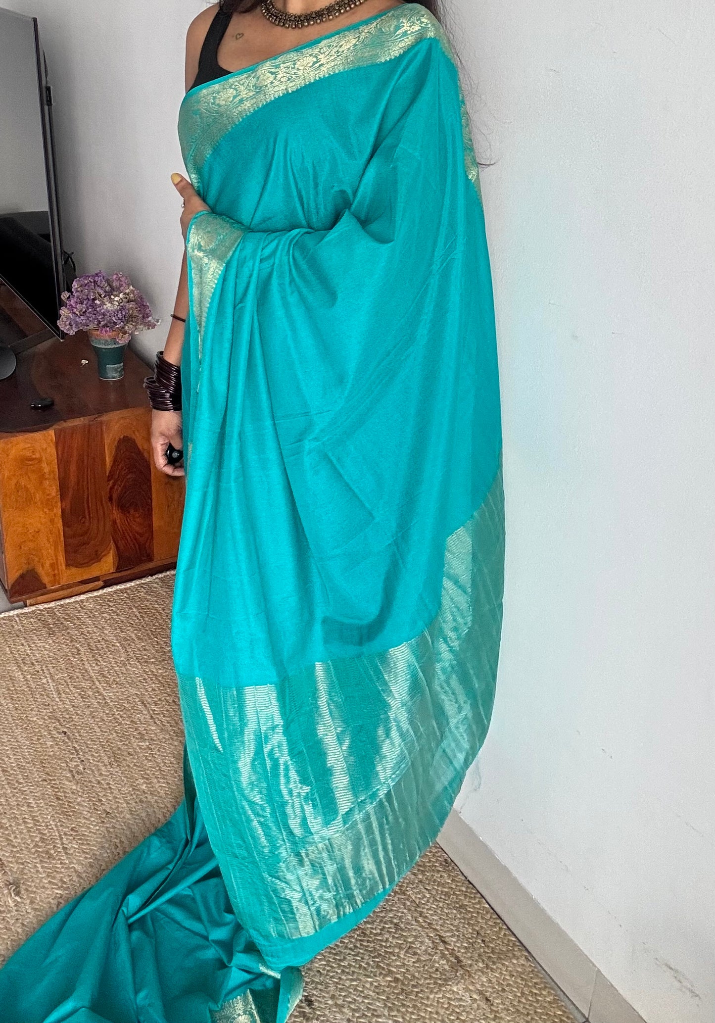 Turquoise Mysore semi crepe silk saree - YCLOKFE241