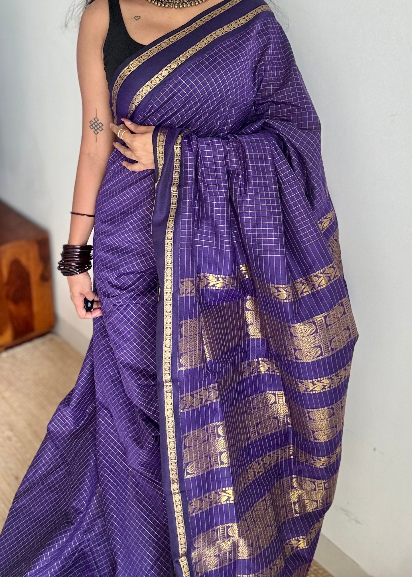 Purple, arani zari checks saree, cotton silk - YCCOTNAUG13