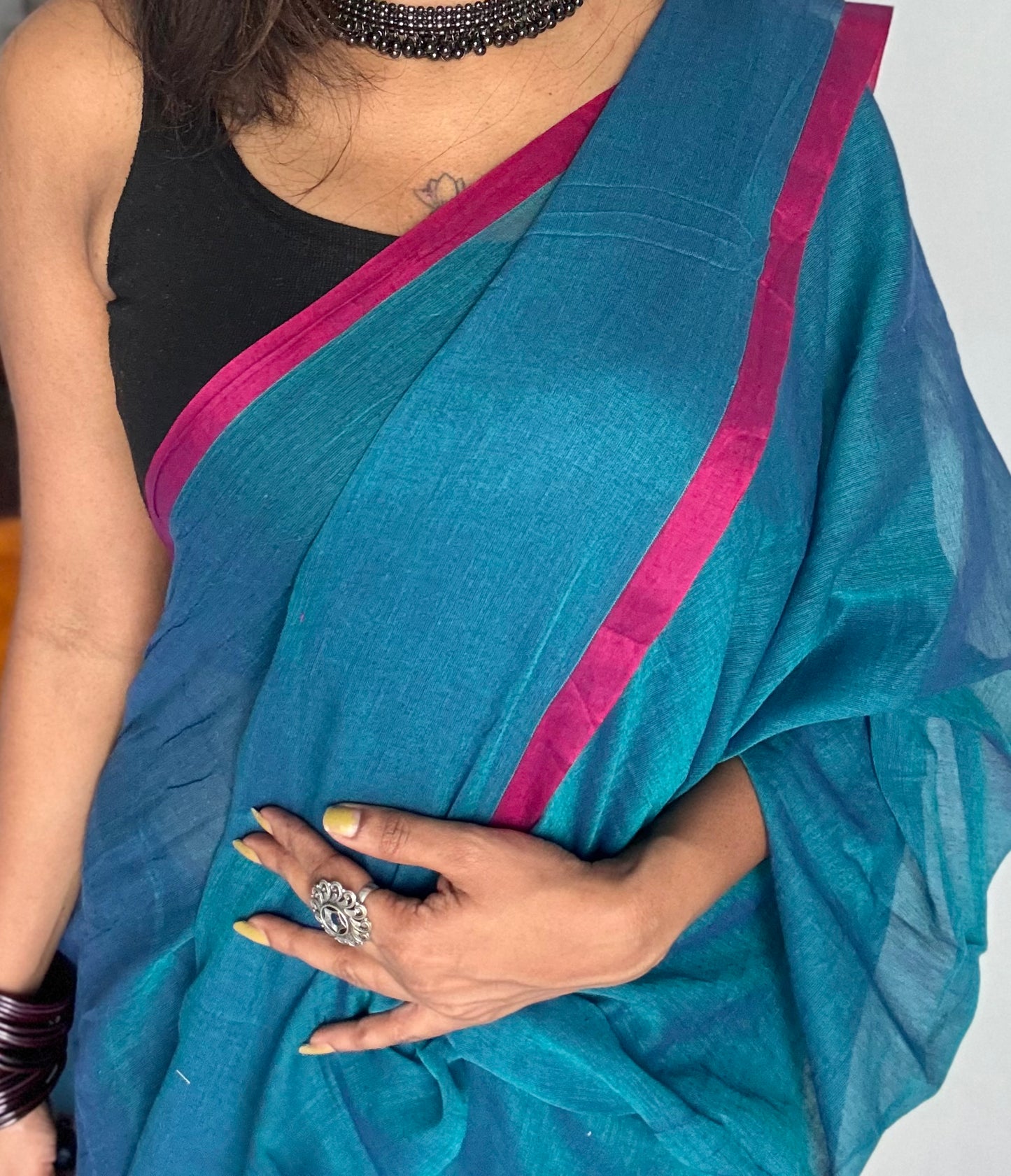 Peacock blue with dark pink border mul cotton saree - YCBCMCFE225