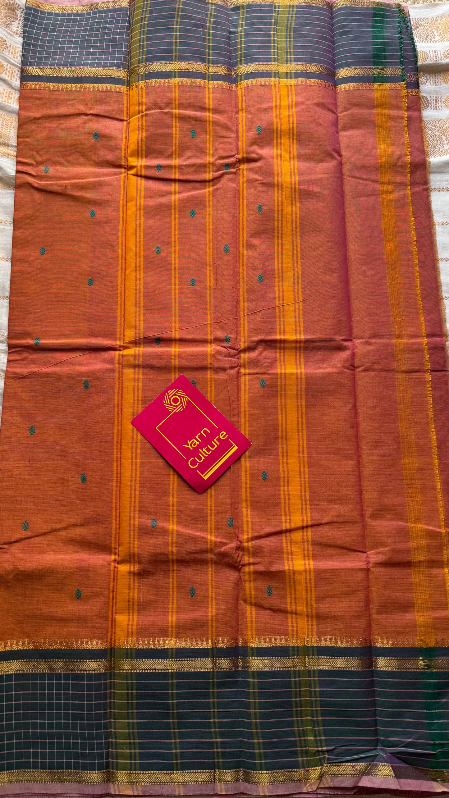 Orange pink dual tone and dark greyish blue contrast, Chettinad cotton saree with checkered border - YCCOTNMA273