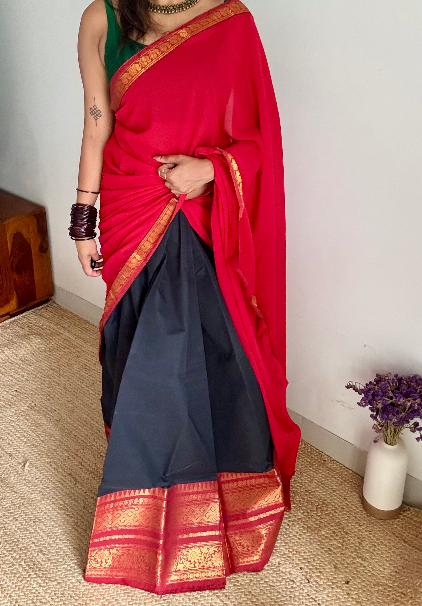 Black - Red unstitched half saree material (dhavani), kanchi cotton - YCIEHS212
