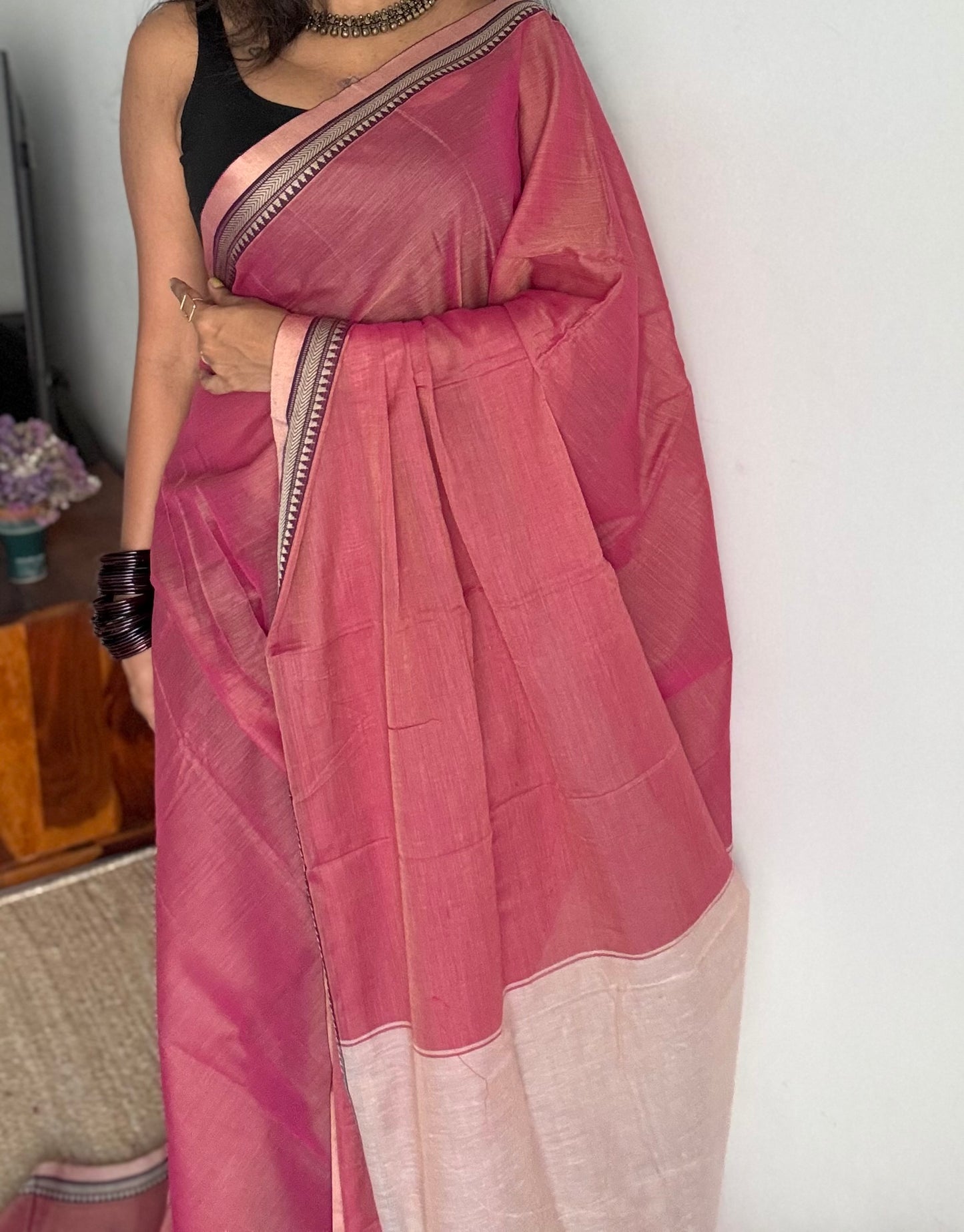 Pink with light pink border narayanpet saree, soft cotton - YCWOTDNPFE31