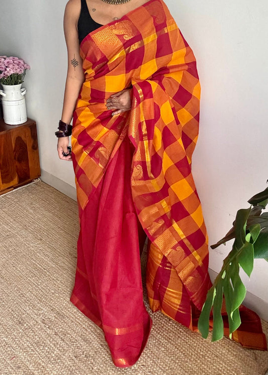 Multicoloured checks with chilli red, sungudi and chettinad cotton half and half saree - YCCOTNIDOC143