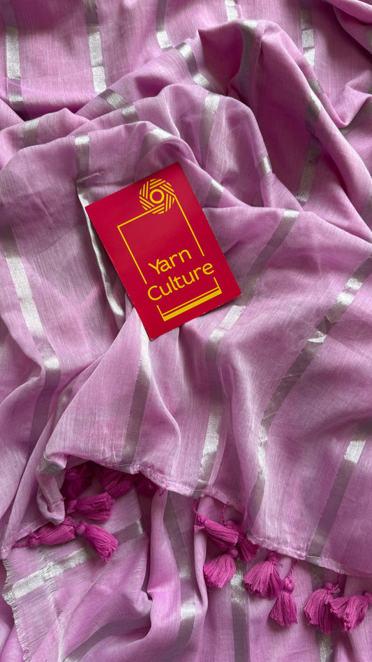 Lilac Fluff - soft lilac with silver zari stripes, mul cotton - YCBCJULMS01