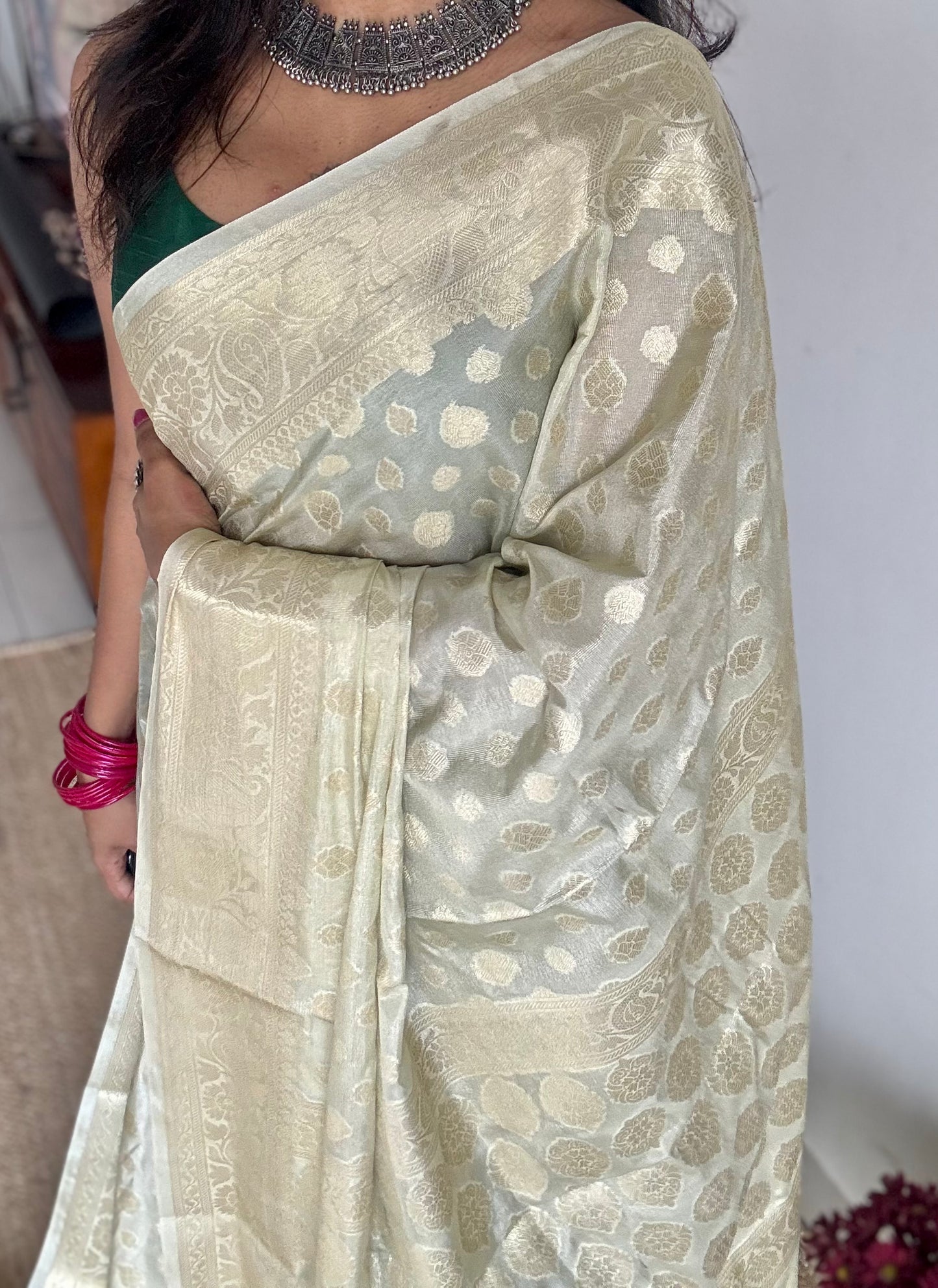 Pastel cream, muted gold buttas and zari, Banarasi semi-silk - YCDESE33