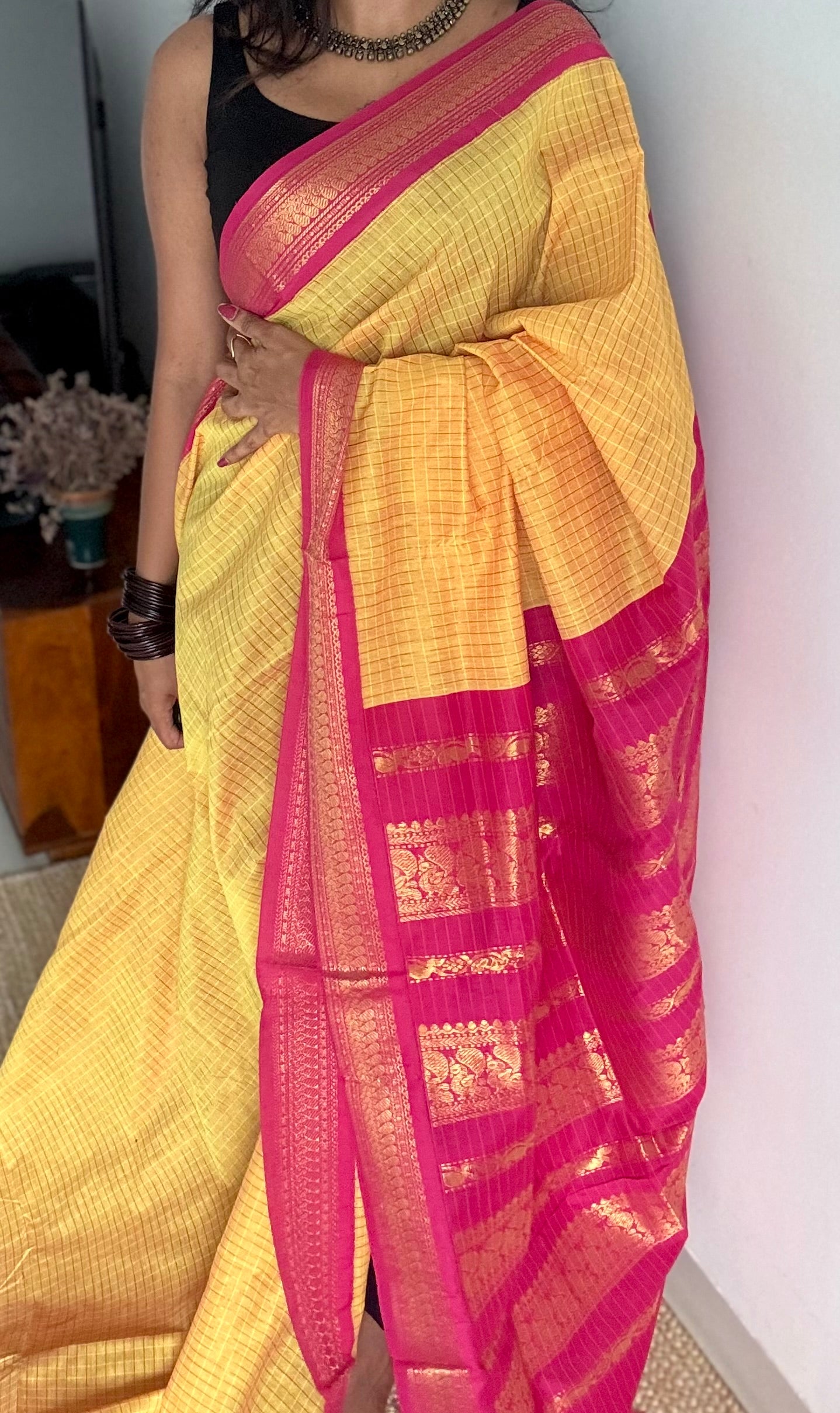 Yellow with hot pink, checks - cotton silk - YCCOTNOCKC44