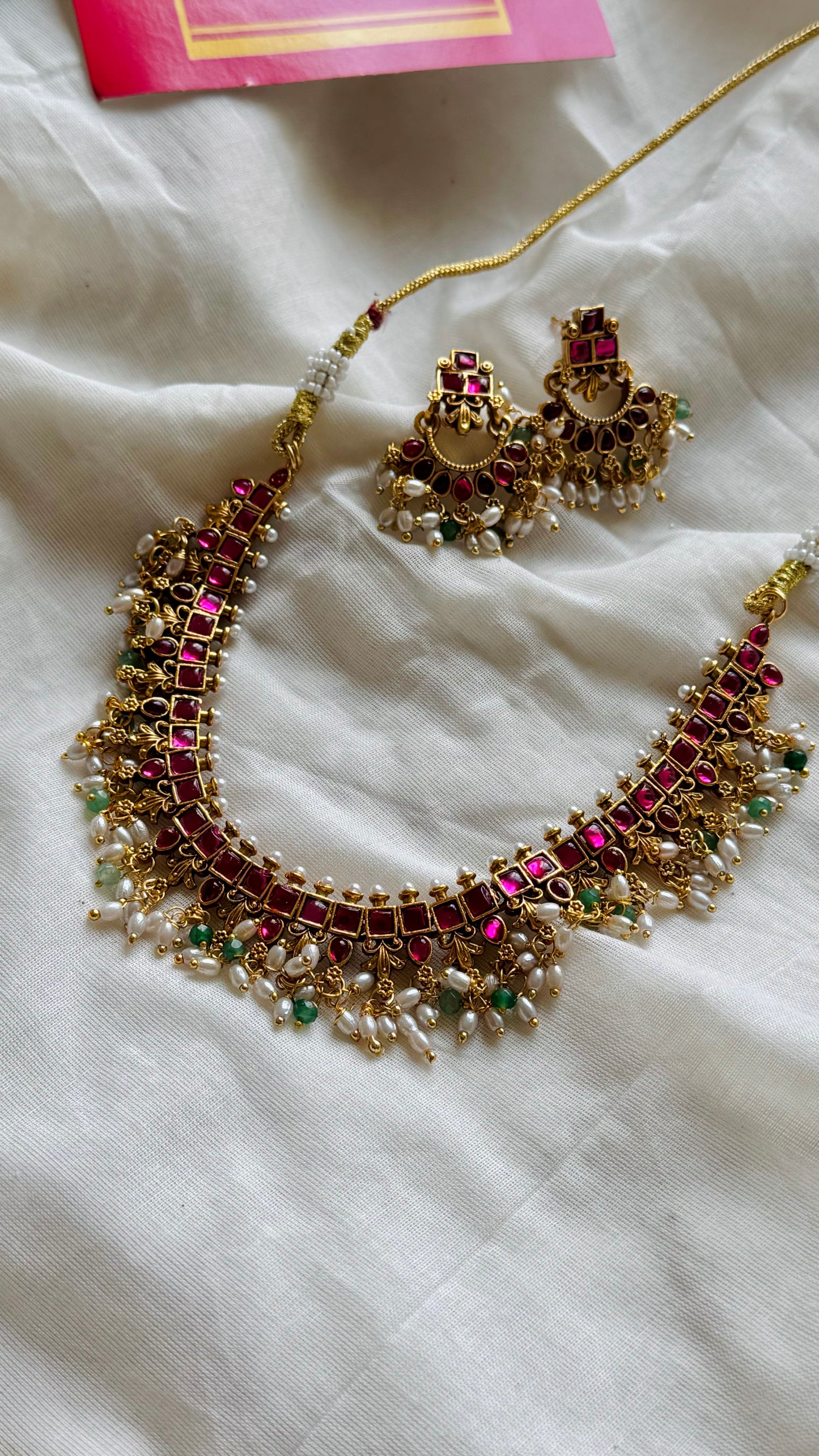 Ruby green necklace with rice pearl drops, with earrings - YCGPNP735