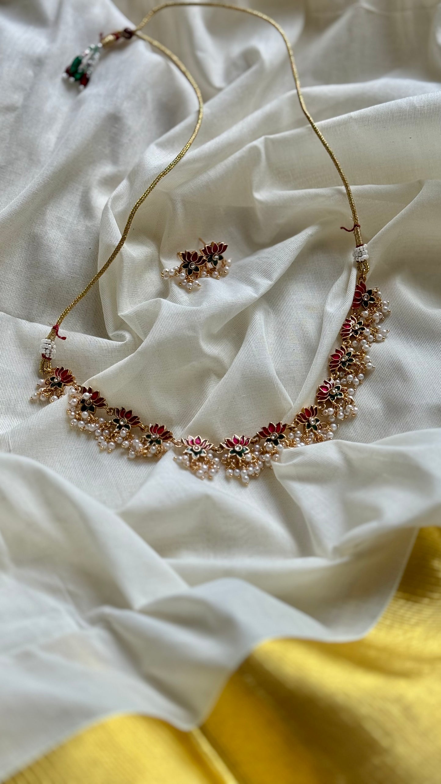 Pink and green lotus with pearl drops and earrings - YCAGC113