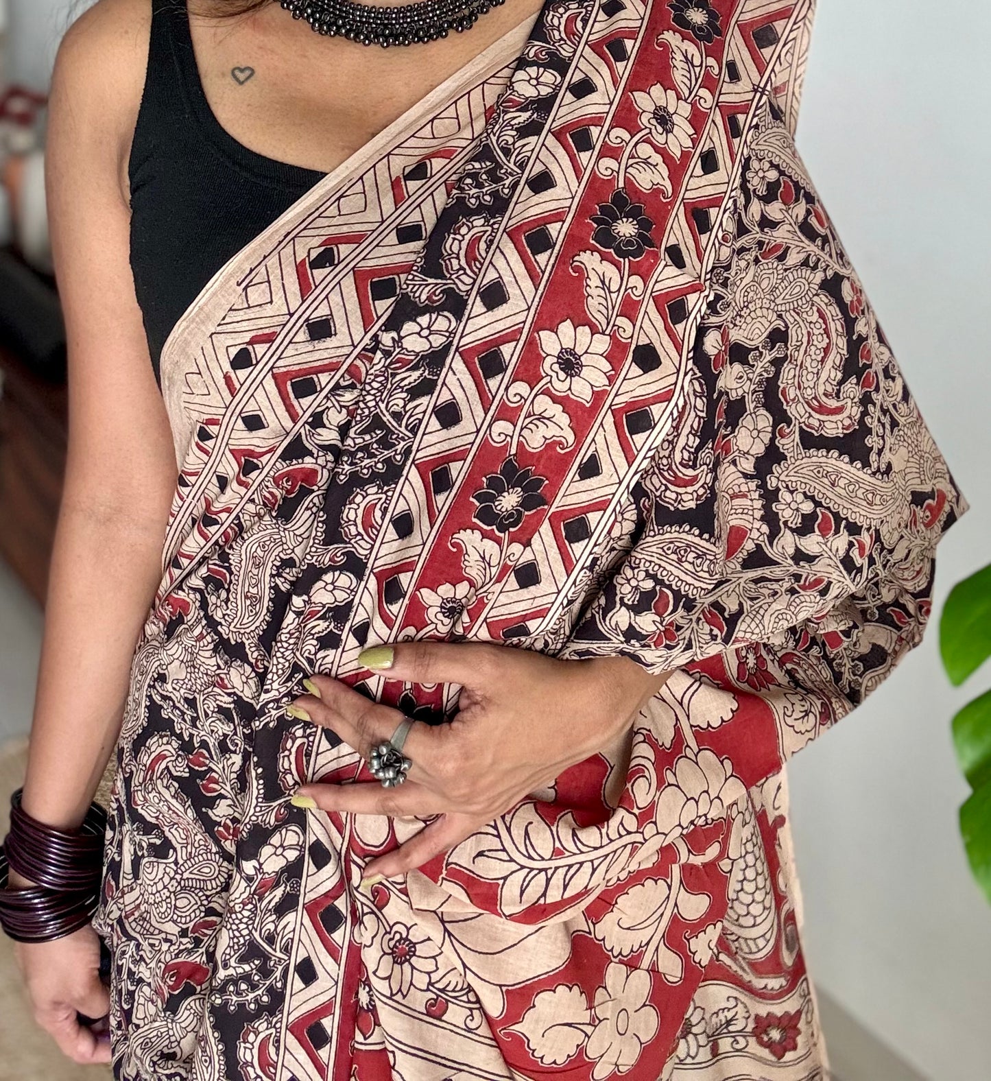 Black with red kalamkari saree, floral vines, soft cotton - YCWOTDMA352