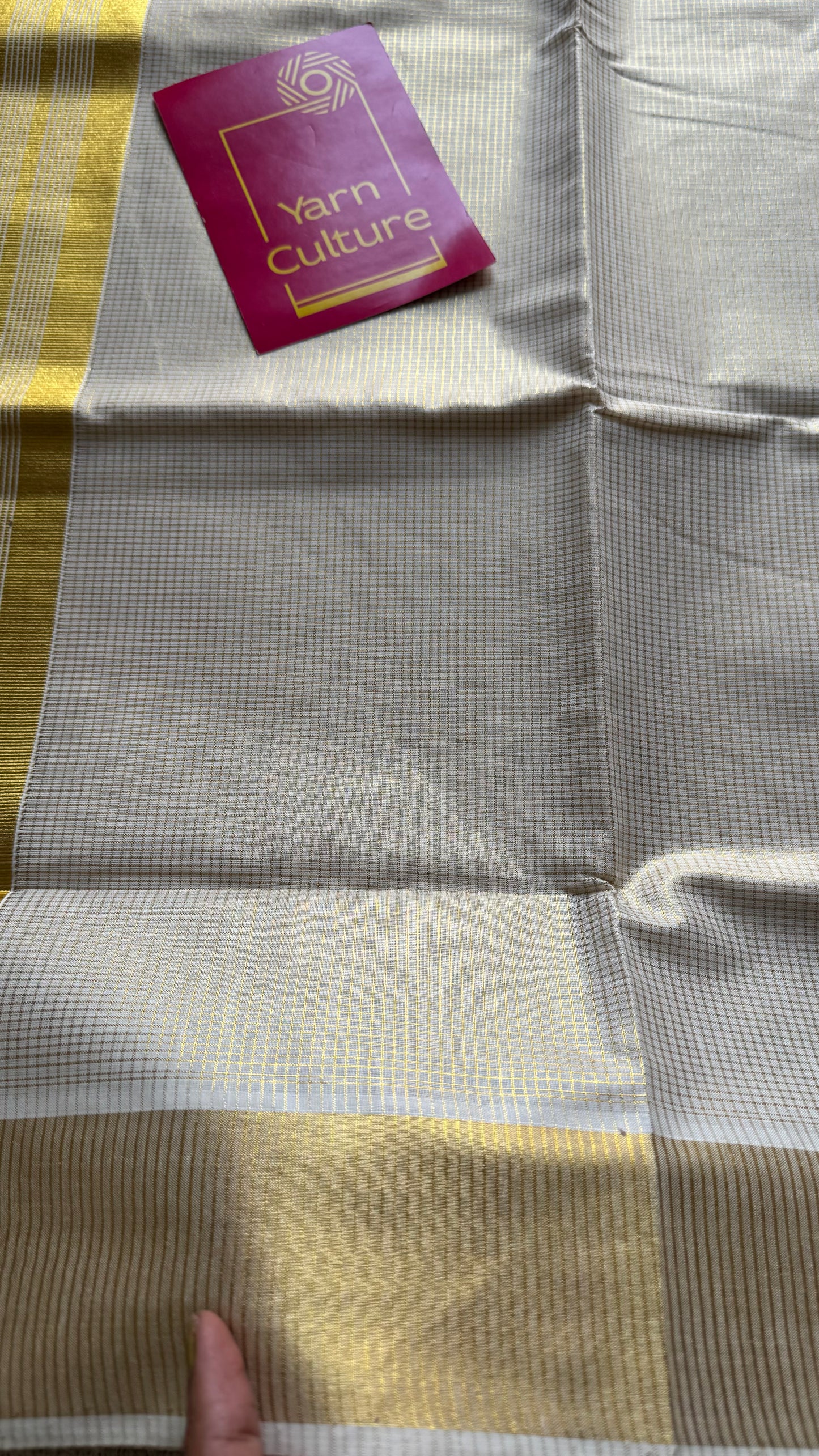 Ivory Kerala tissue cotton saree with gold microchecks - YCIEKCFE317