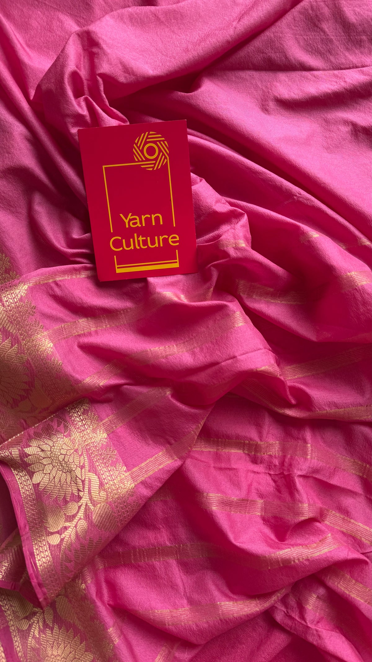 Pink, semi crepe silk saree with antique gold floral border - YCLOKOC55