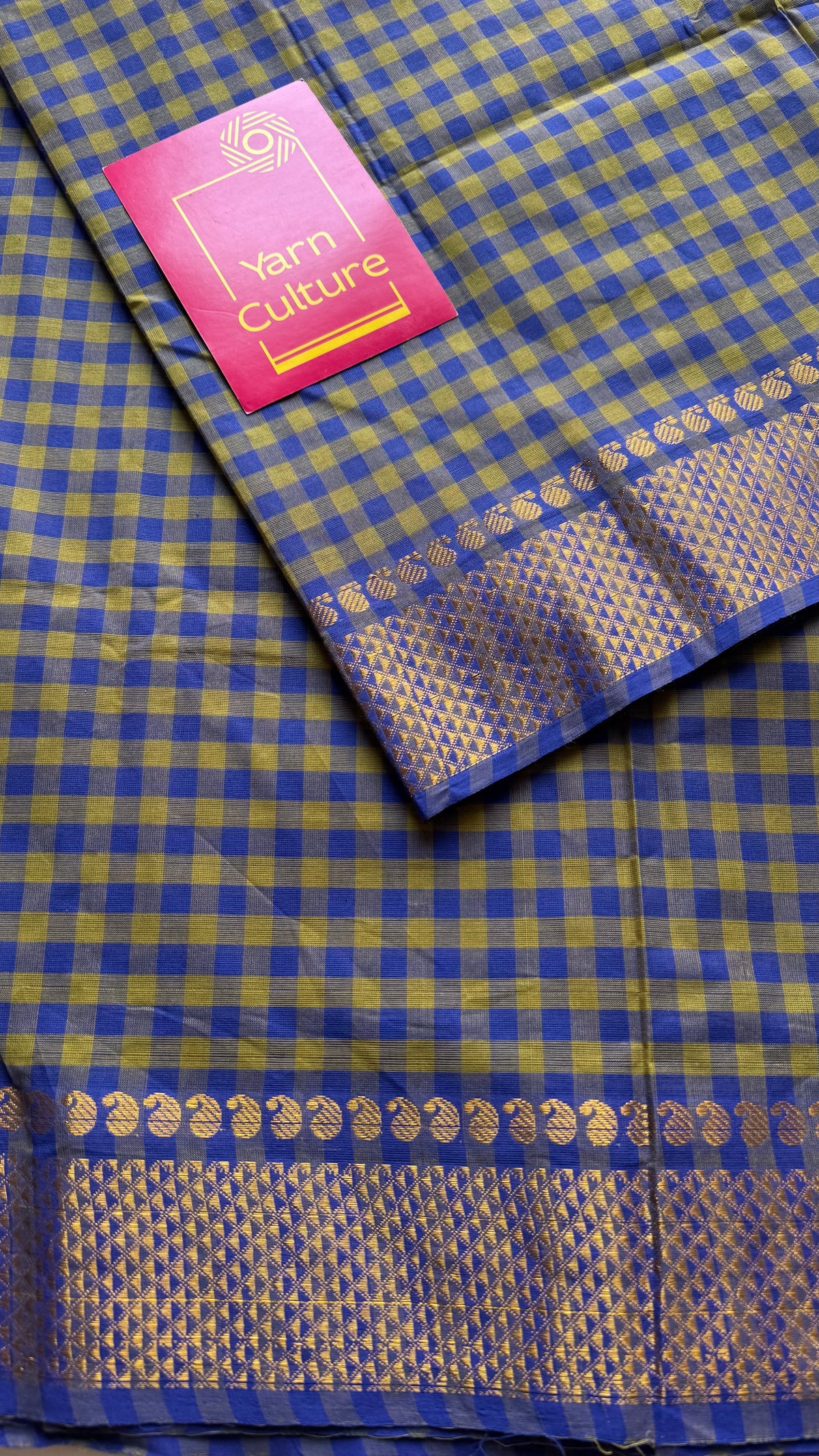 Chettinad cotton saree with green and blue checks, zari motif border - YCCOTNCKSE46
