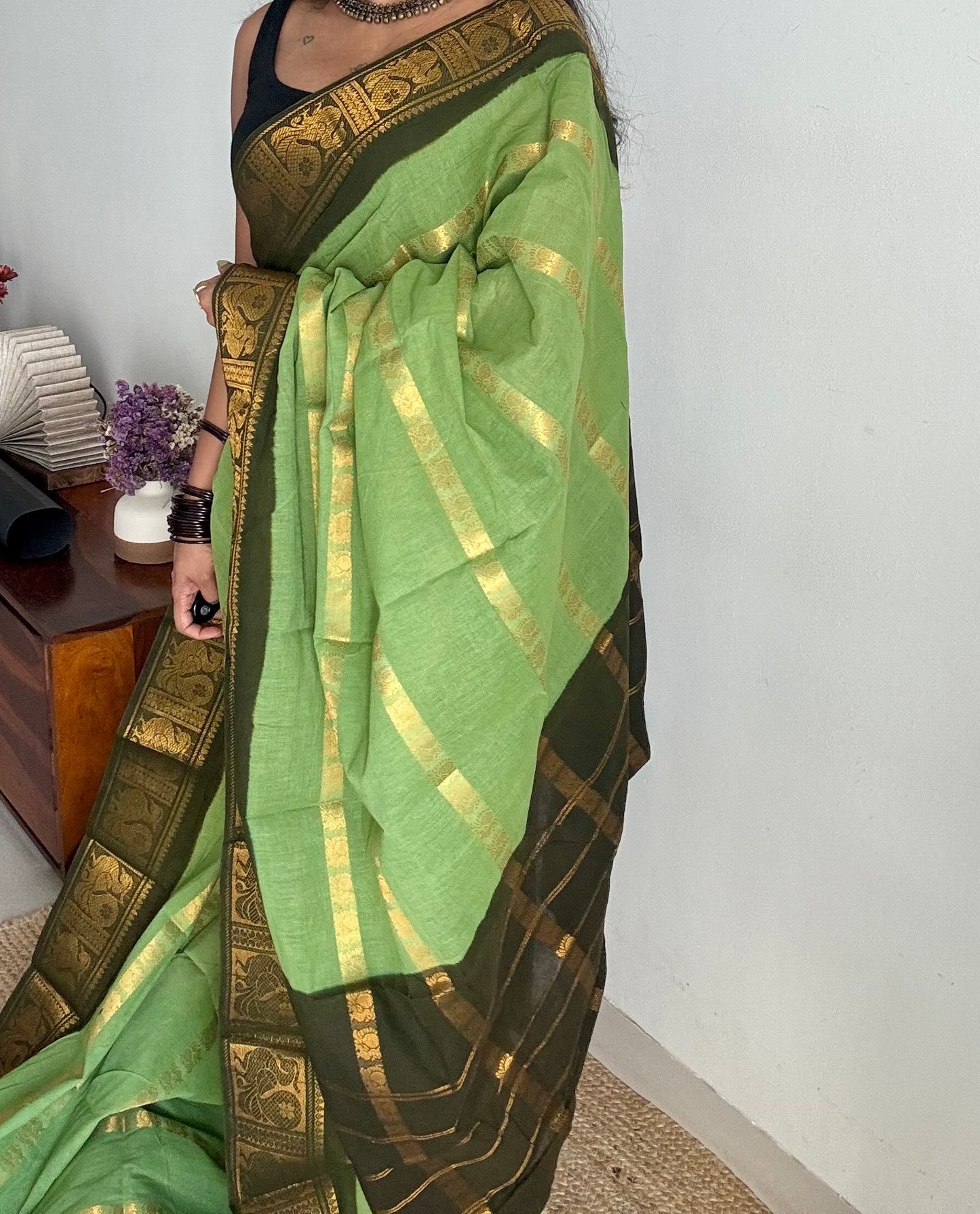 Light pista green with dark green, multi peacock motif lines, kattuchayam dyed sungudi cotton - YCCOTNJUCC13