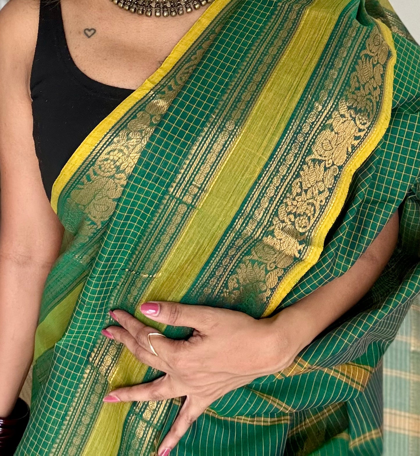 Kanchi cotton saree, green checks with korvai border - YCCOTNAP74