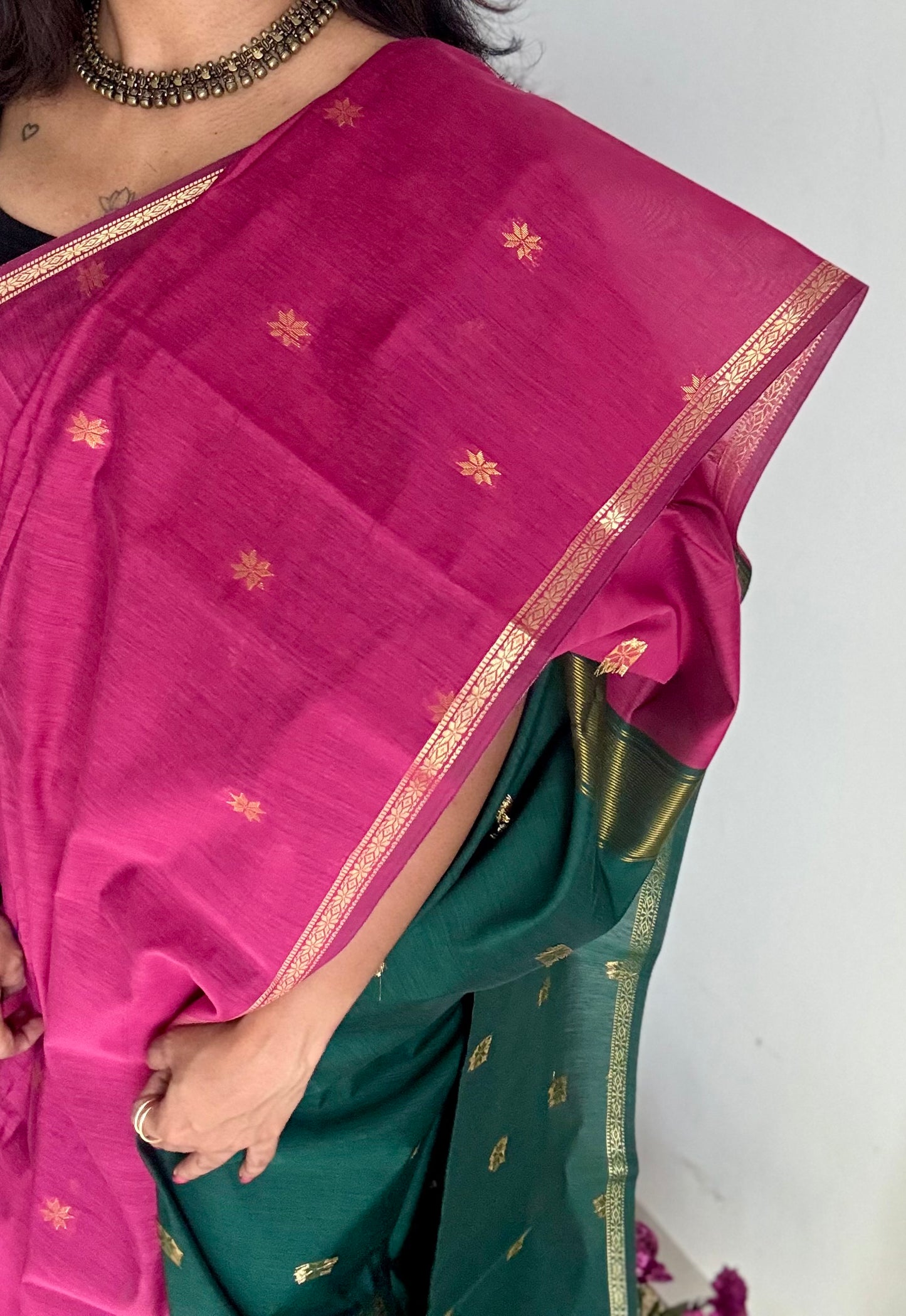 Berry pink with green, gold buttas, semi maheshwari cotton silk - YCCOTNFEJUSM04