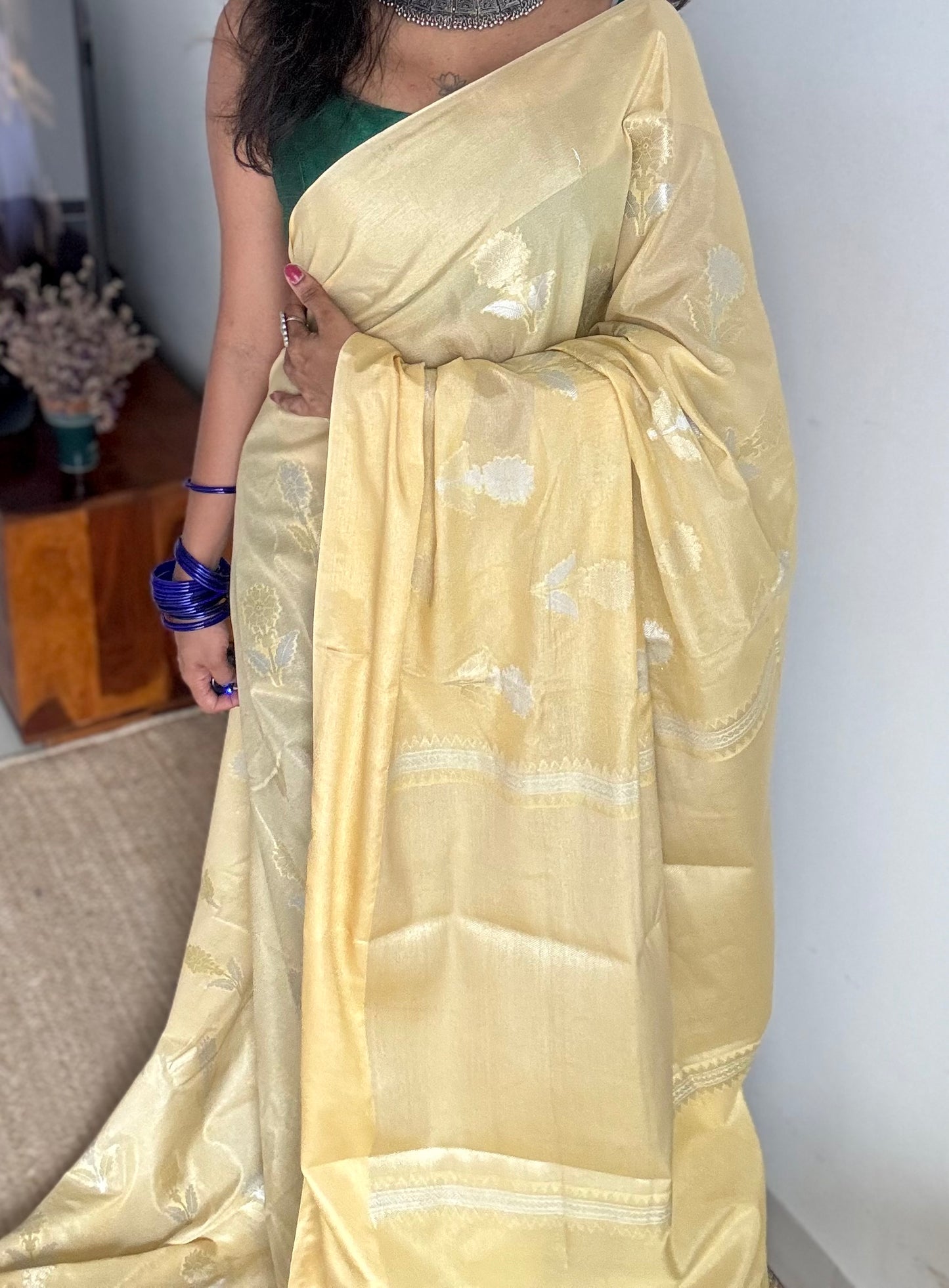 Cream with gold and silver floral buttas, Banarasi semi-crepe silk - YCDESE48