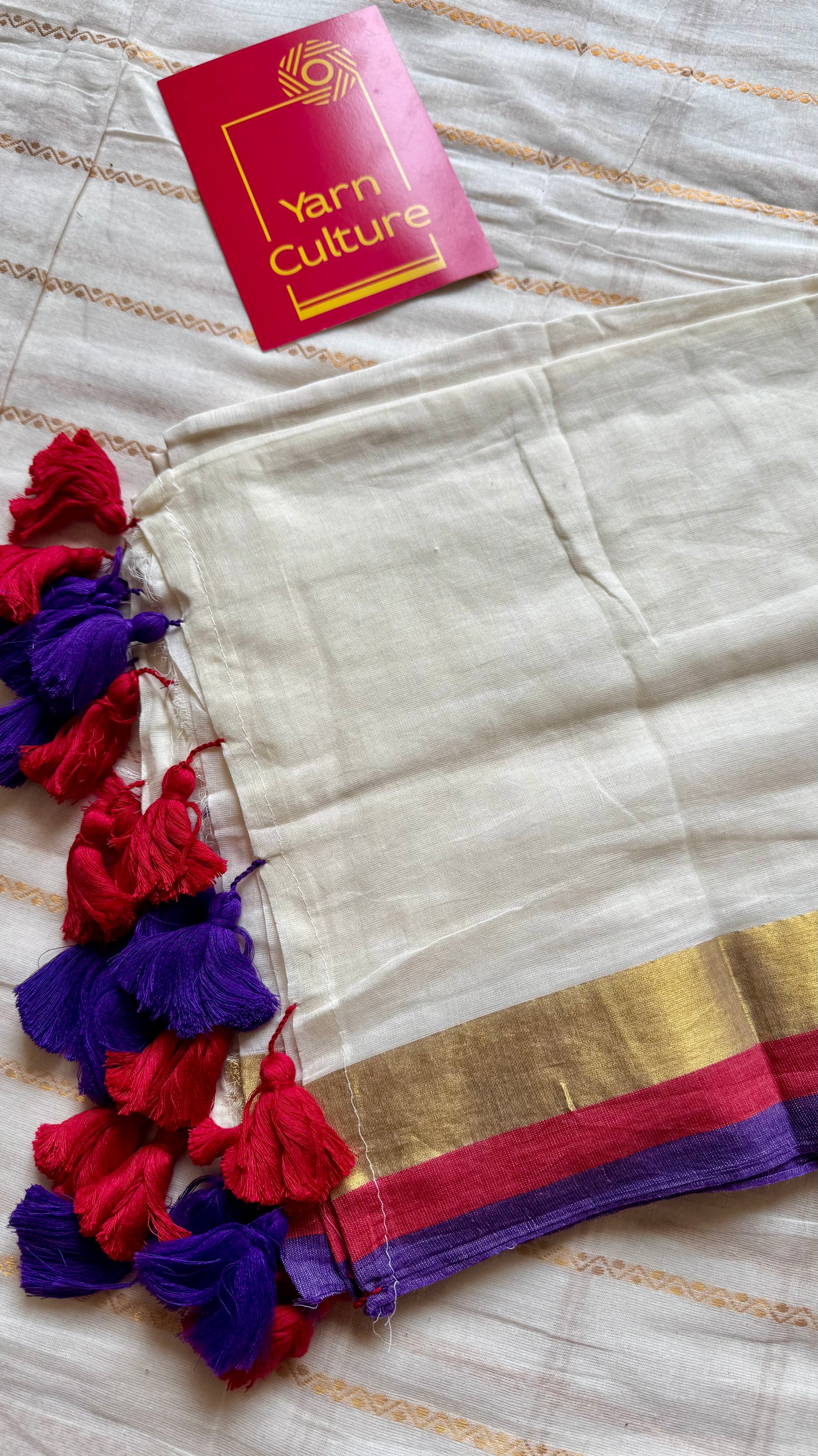 Ivory mul saree, purple, red and gold border - YCIEON08