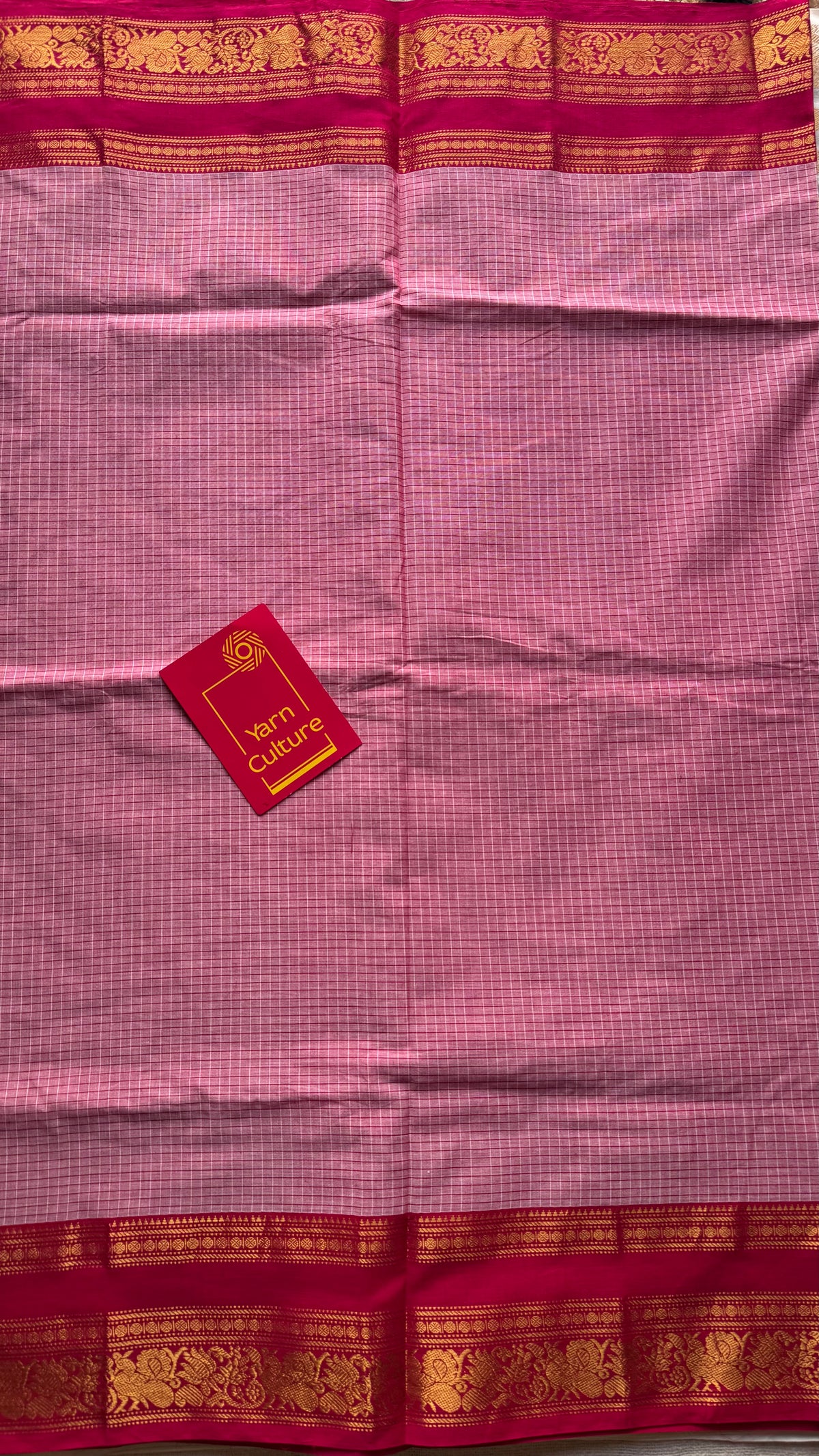 Pink checks with hot pink zari border kanchi cotton saree - YCCOTNCKSE21