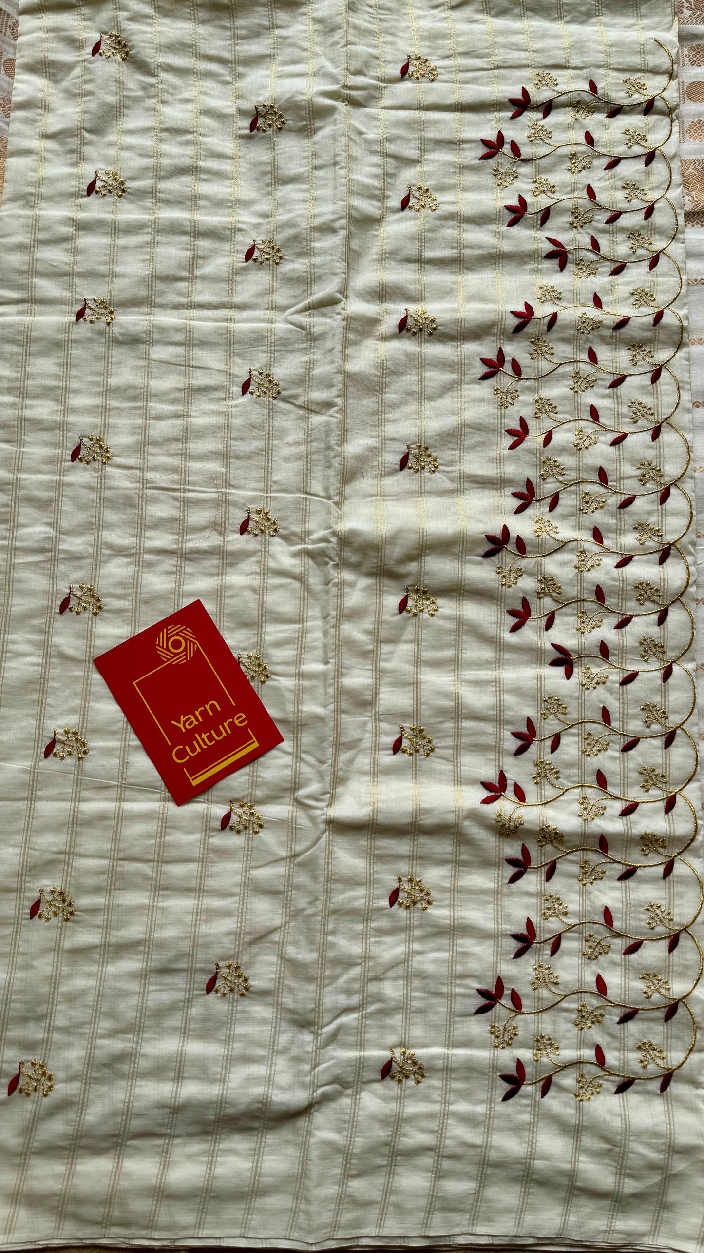 Ivory and gold soft cotton saree, maroon floral vine embroidery  - YCIEON58