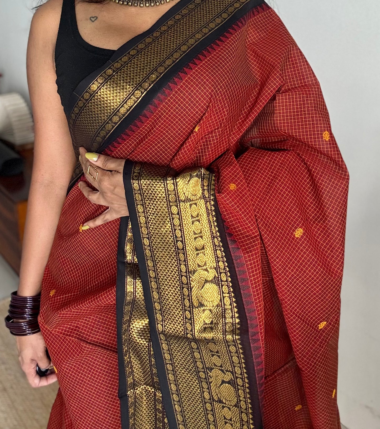 Brick red with black contrast, checkered kanchi cotton saree - YCCOTNJU20