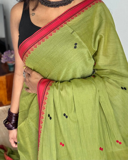 Dhonekhali handloom soft cotton saree,parrot green with red thread border, red and black woven buttas - YCBCDFE260
