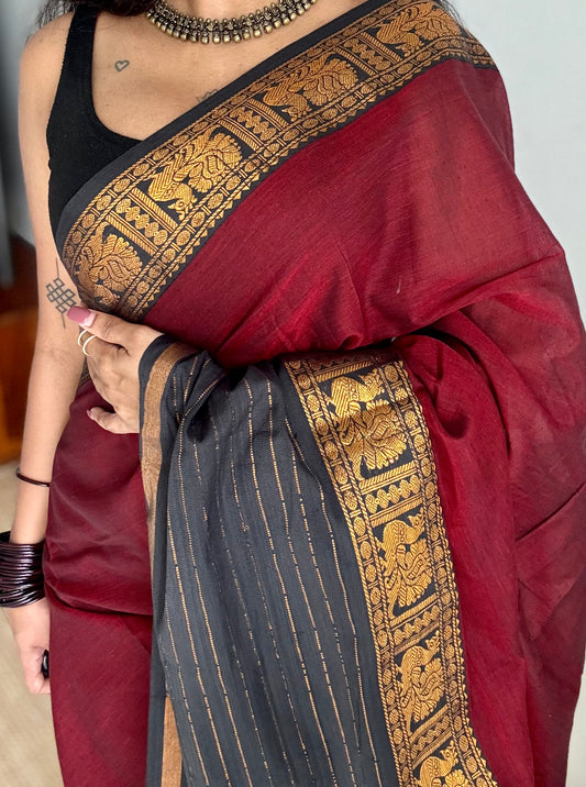 Maroon with black border, narayanpet soft cotton saree - YCWOTDAUG08
